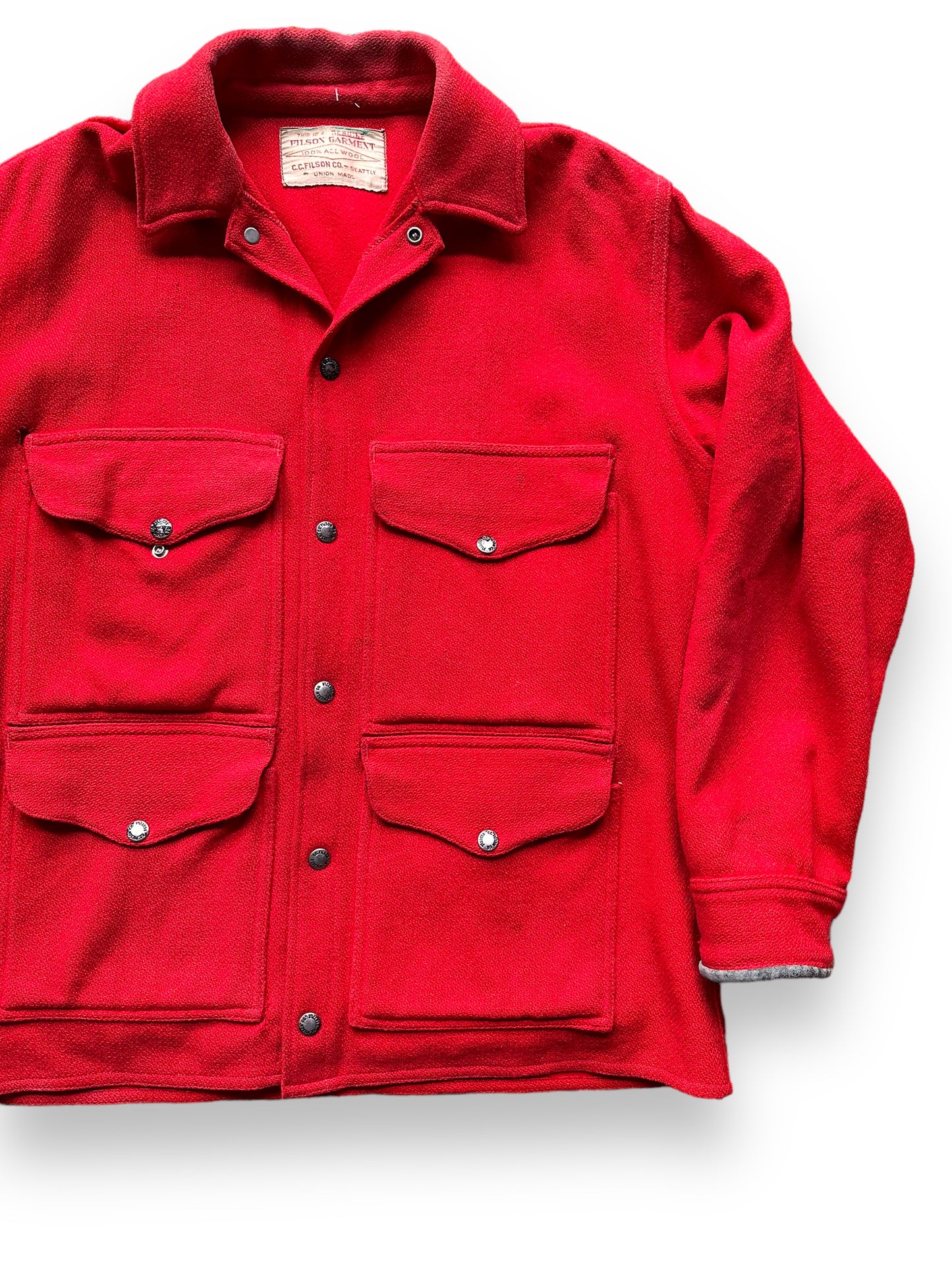 front left of Vintage 60s Era Union Made Filson Scarlet Cruiser Size 44 | Barn Owl Vintage Goods | Vintage Filson Workwear Seattle