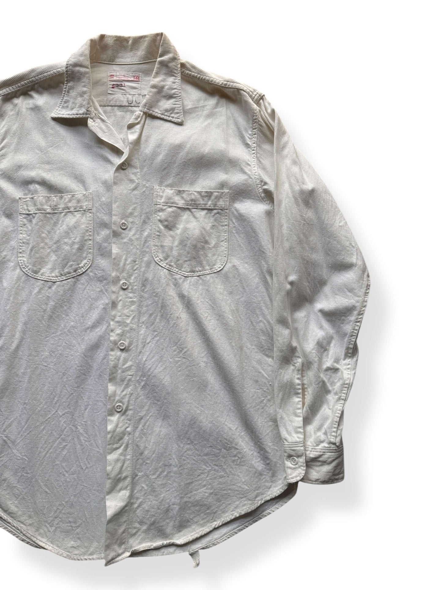Front Left of Vintage Lee White Pique Cloth Sanforized Work Shirt SZ L Long