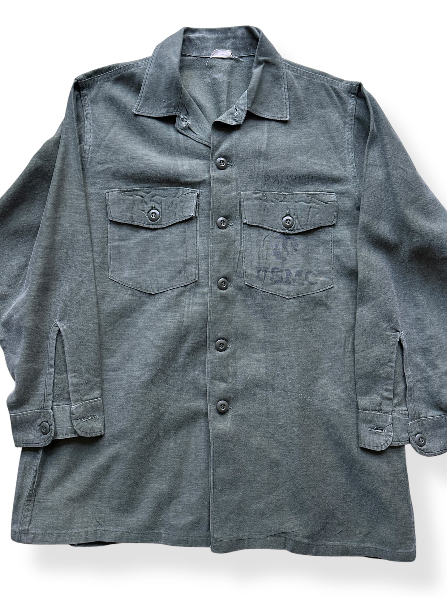 Front Close Up of Vintage 1968 Cotton Sateen USMC Top SZ L