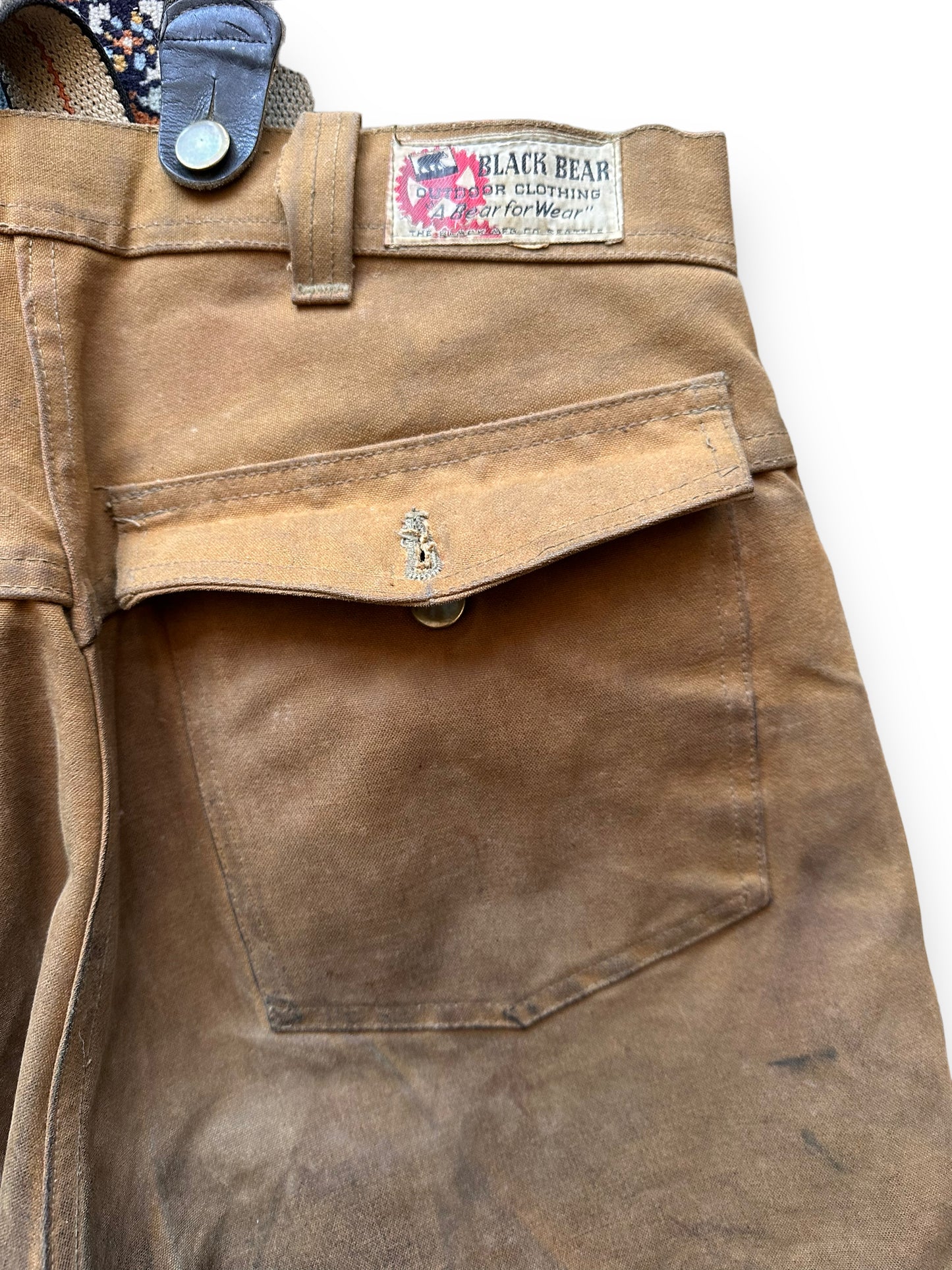Black Bear Label on Rear of Vintage Black Bear Oil Cloth Trousers W33 | Black Bear Brand Workwear | Seattle Vintage Workwear