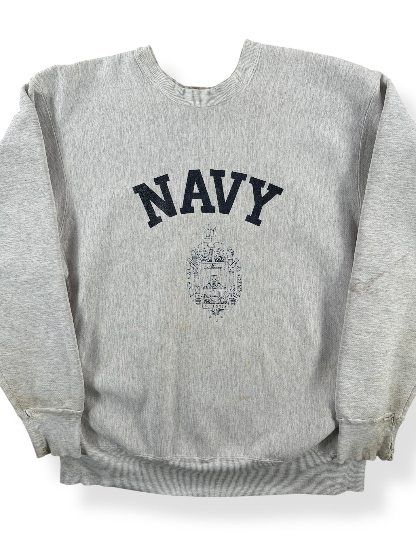 Front Close Up of Vintage Navy Reverse Weave Crewneck SZ XL