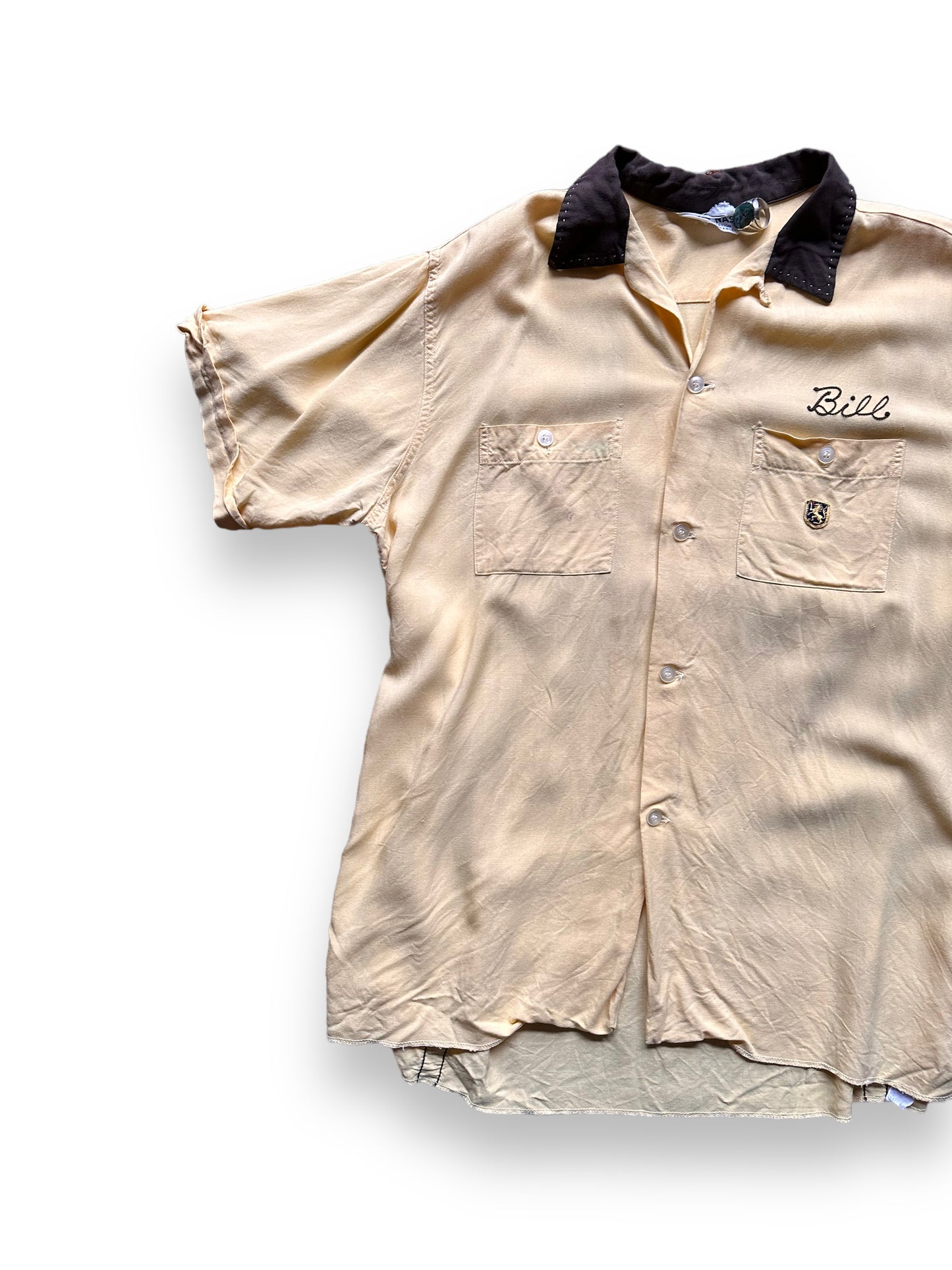 front right of Vintage Power City Electric Company Rayon Bowling Shirt SZ L | Vintage Bowling Shirt Seattle | Barn Owl Vintage Seattle