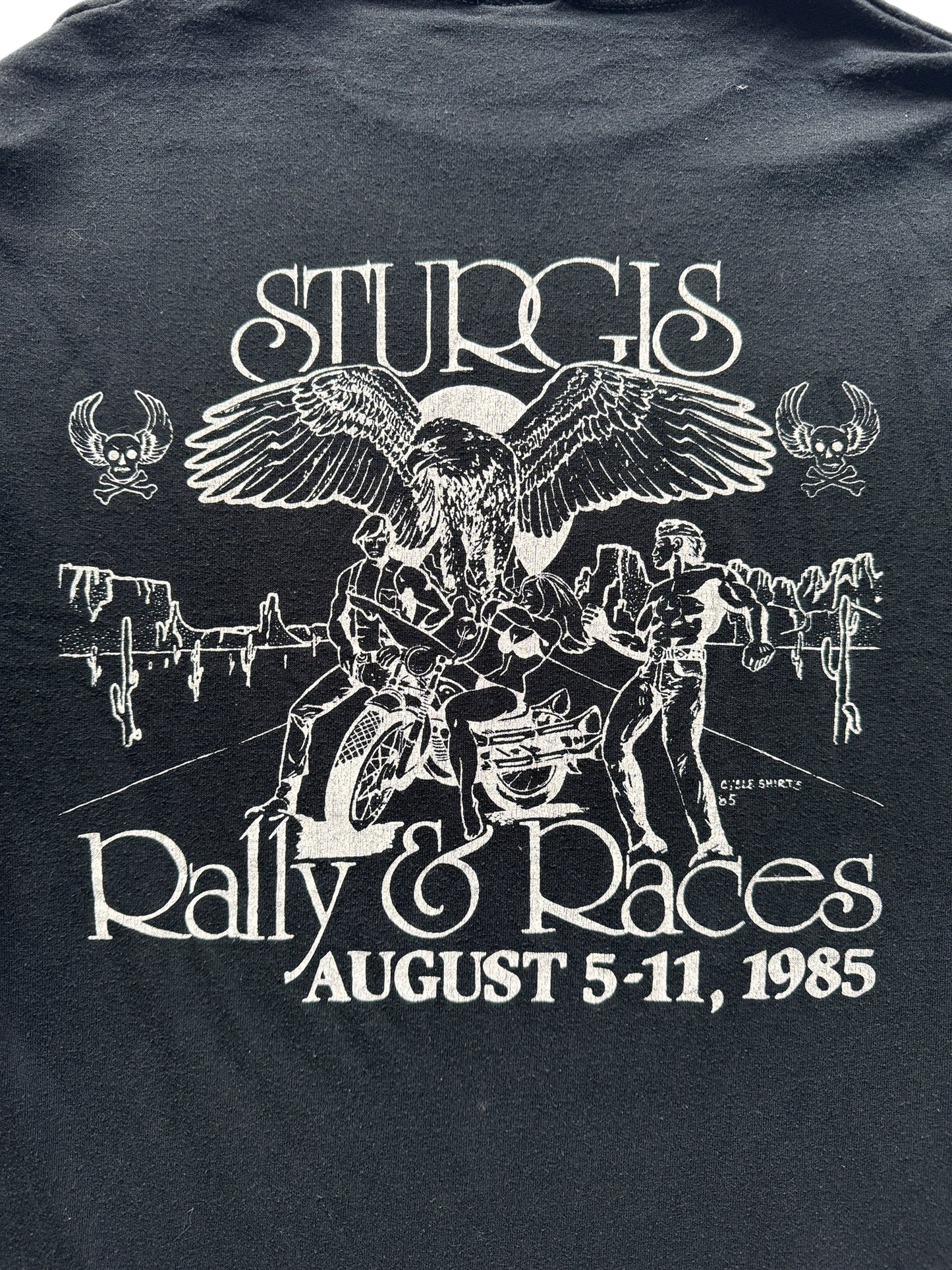 Back Graphic of Vintage Long Sleeve 1985 Sturgis Motorcycle Rally Tee SZ M
