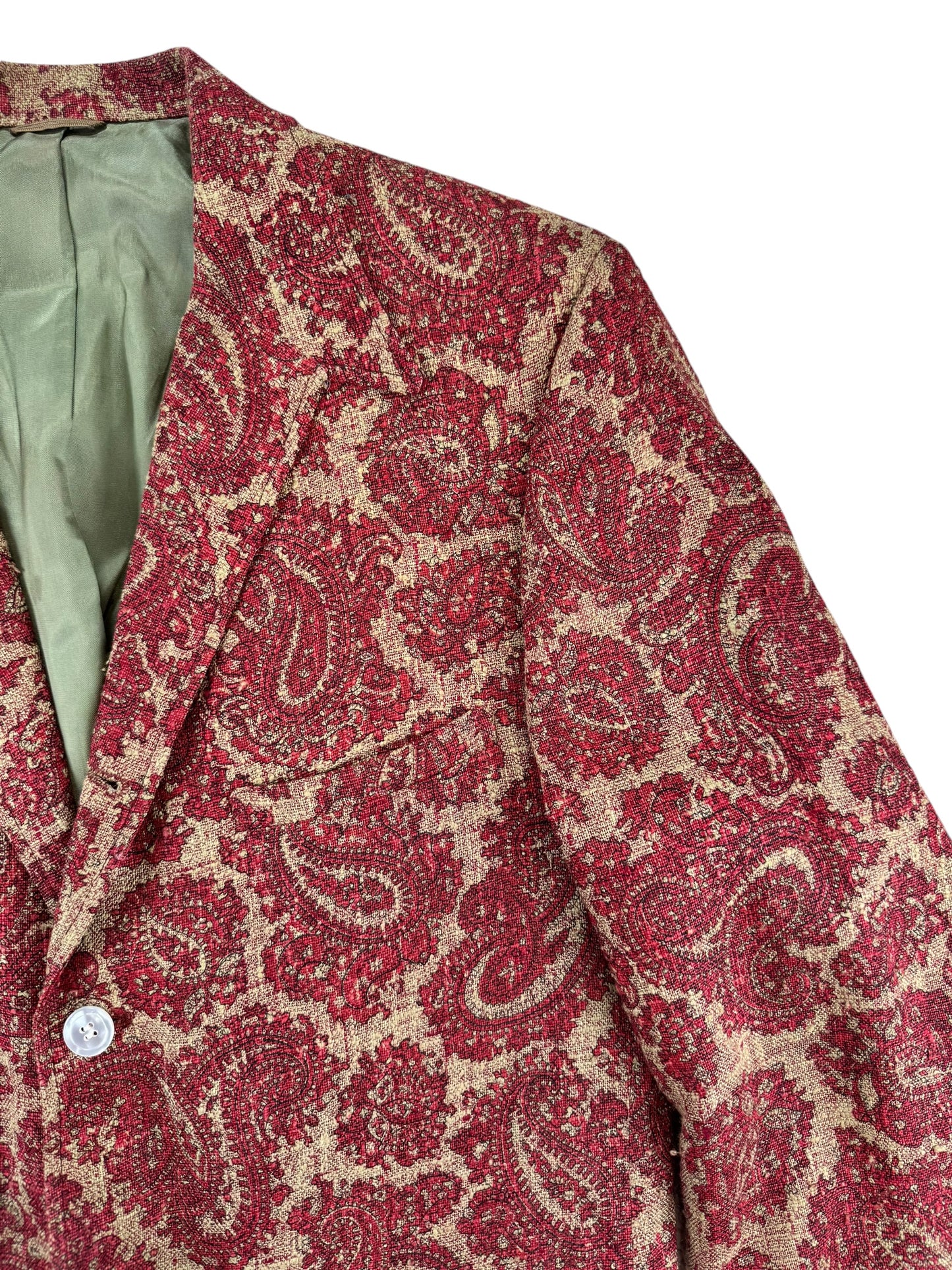 Left shoulder view of 1970s Towncraft Prep Paisley Blazer M
