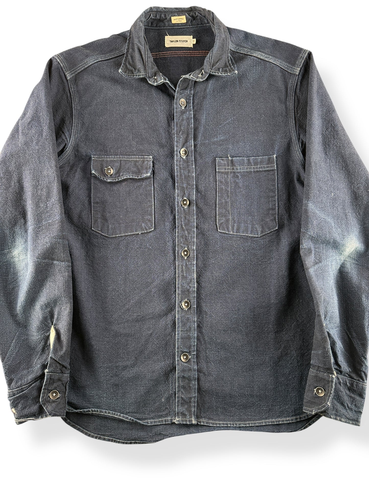 Front Close Up of Modern Taylor Stitch White Oak Cone Denim Shirt SZ 42