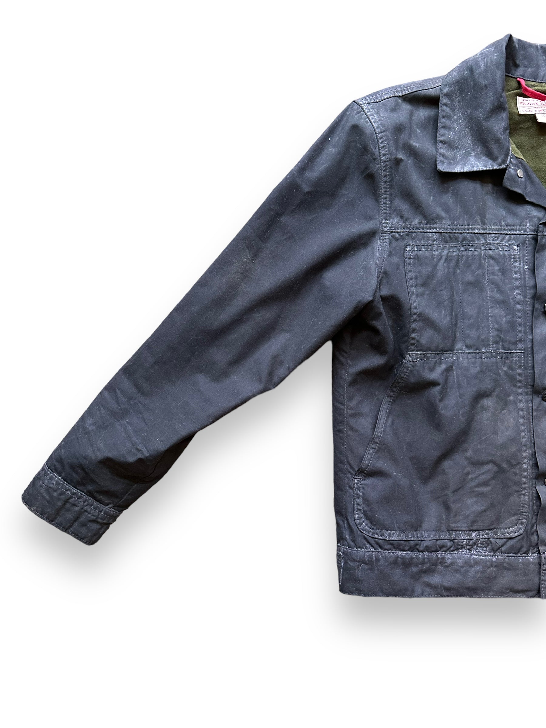 Front Right Sleeve View of Filson Black Short Lined Tin Cloth Cruiser SZ M |  Barn Owl Vintage Goods | Vintage Filson Workwear Seattle