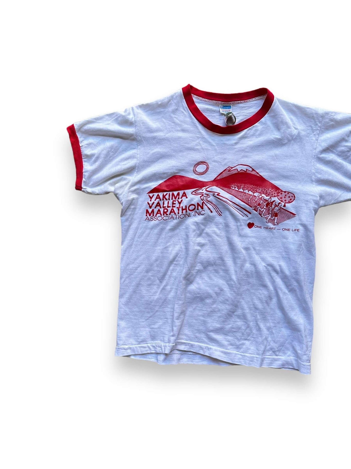 Front Right View of Vintage Yakima Valley Half Marathon Champion Blue Bar Tee SZ M | Vintage Champion Ringer Tee Seattle | Barn Owl Vintage