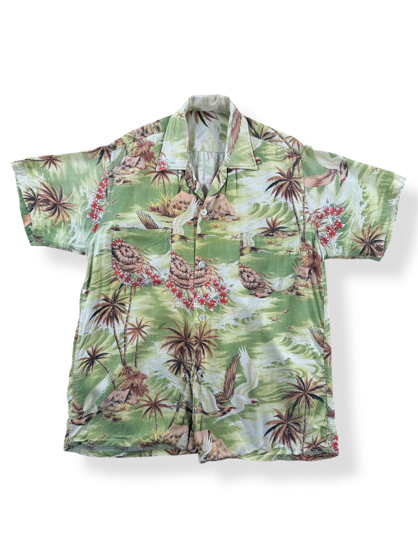 Front of Vintage Sparrows Unbranded Rayon Aloha Shirt SZ M