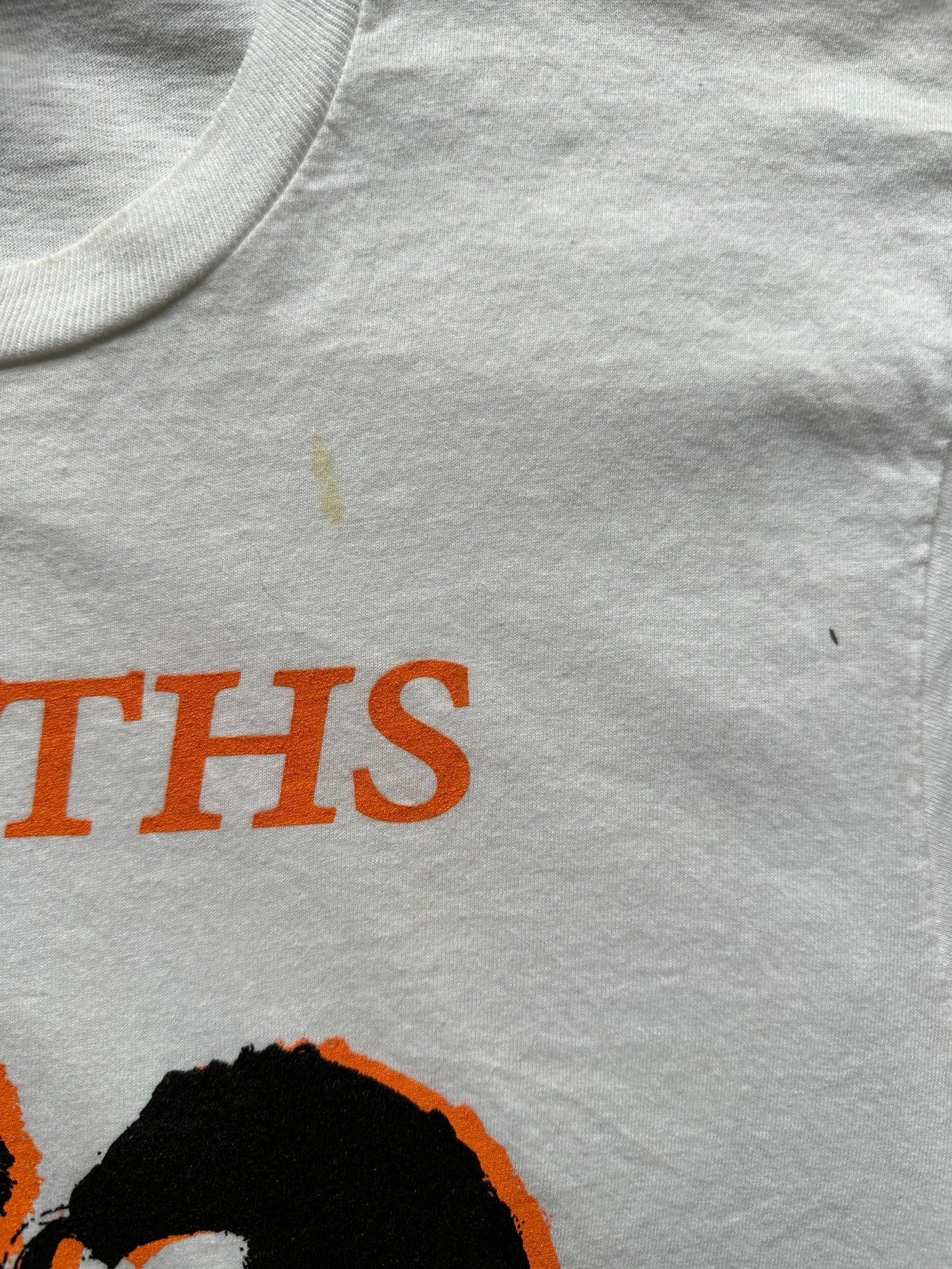 Small Stain by Collar on Vintage Smiths Bootleg Tee SZ L | Barn Owl Vintage Clothing | Vintage Rock Tees Seattle