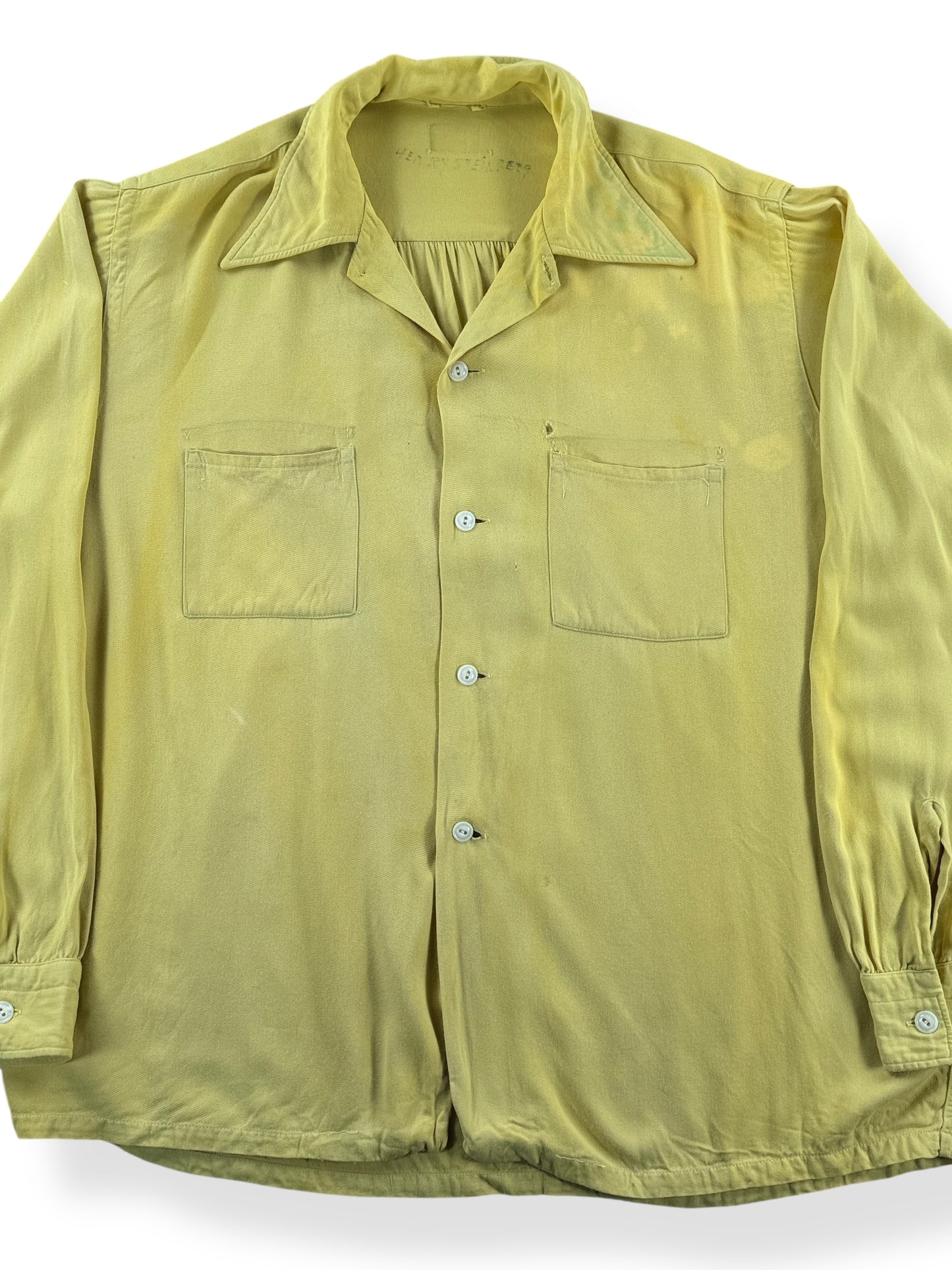 Front Close Up of Vintage Yellow 50s Longsleeve Shirt SZ XL AS IS