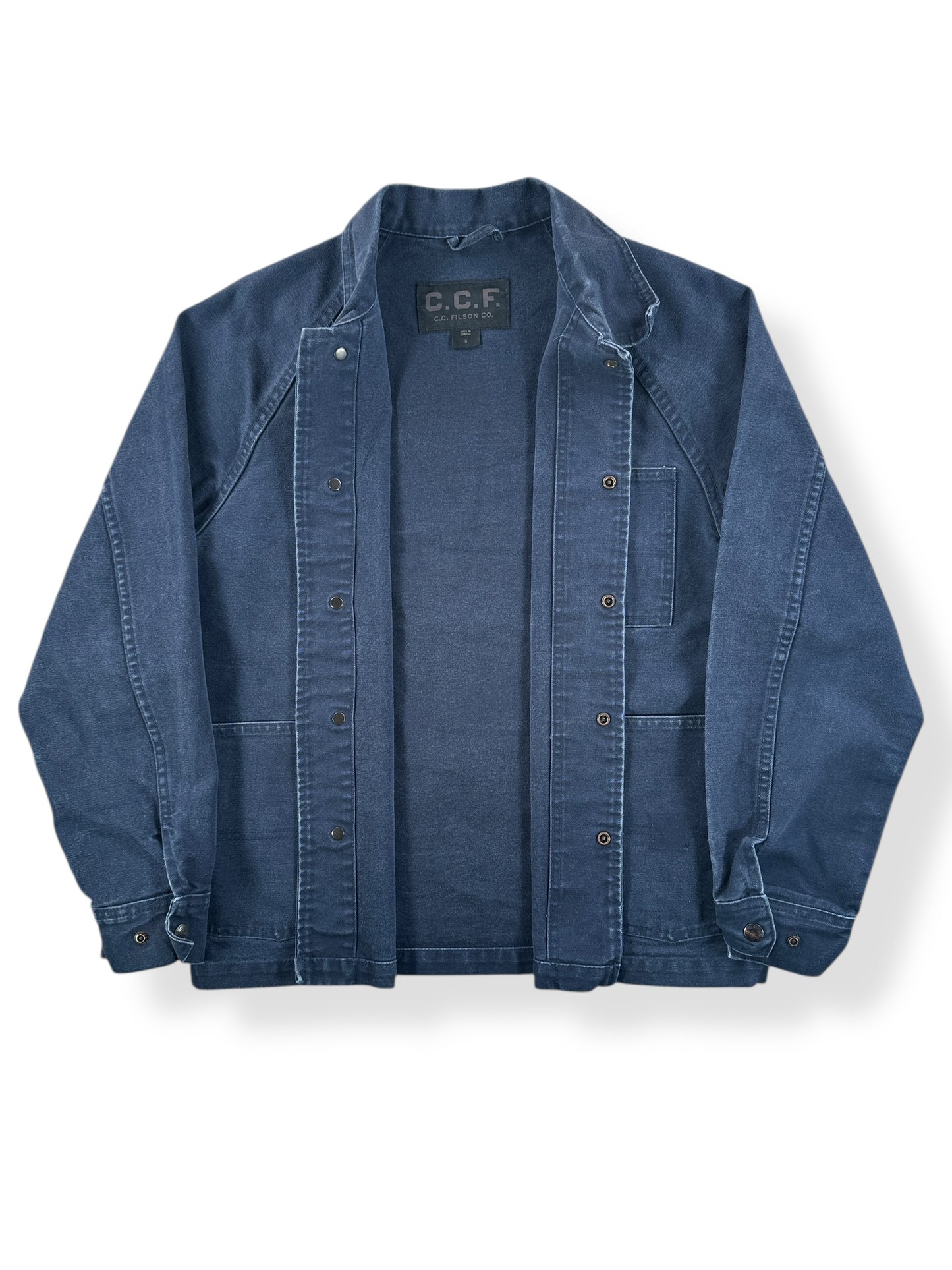 Inside of Modern Filson Canvas Navy Blue Chore Coat SZ S