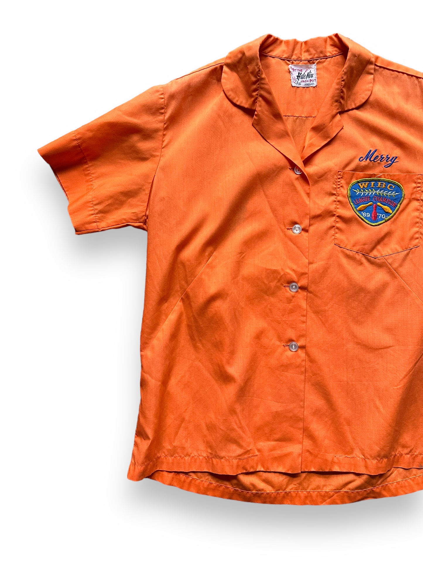 front right of Vintage South Seas Aquatics Flocked Ladies Bowling Shirt SZ L | Vintage Bowling Shirt Seattle | Barn Owl Vintage Seattle