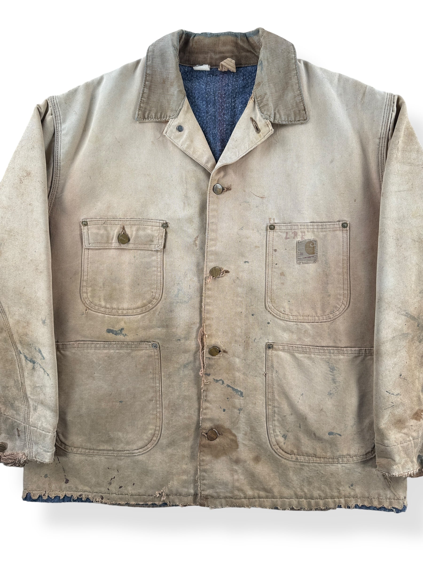 Front Close Up of Vintage 70s Era Thrashed Carhartt Chore Coat SZ 46