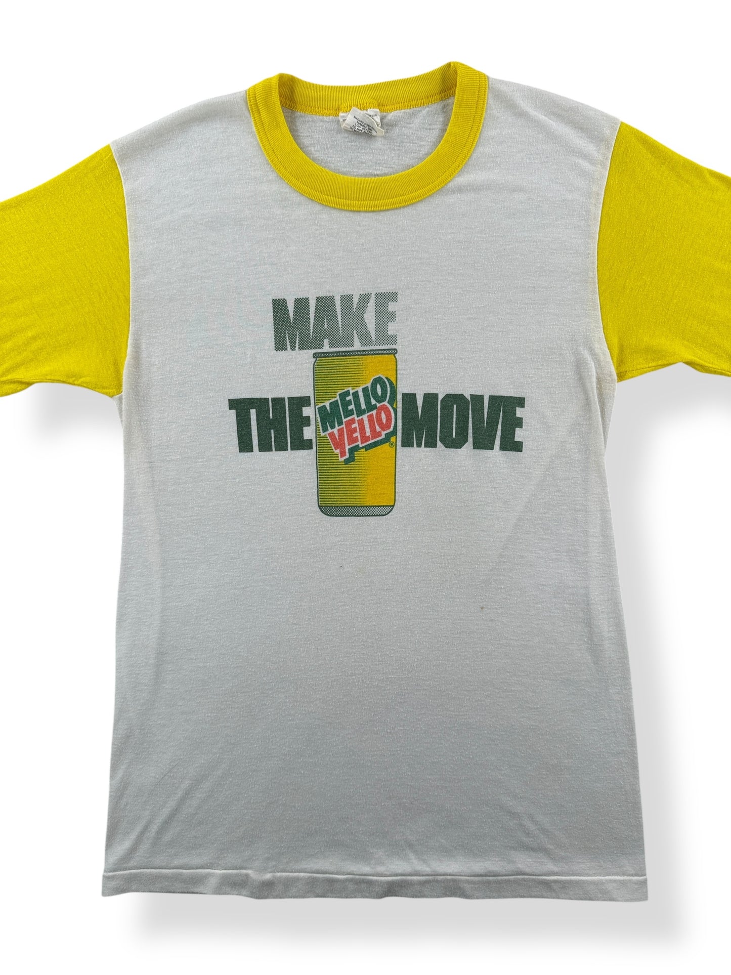 Front Close Up of Vintage Mello Yello Ringer Tee SZ S
