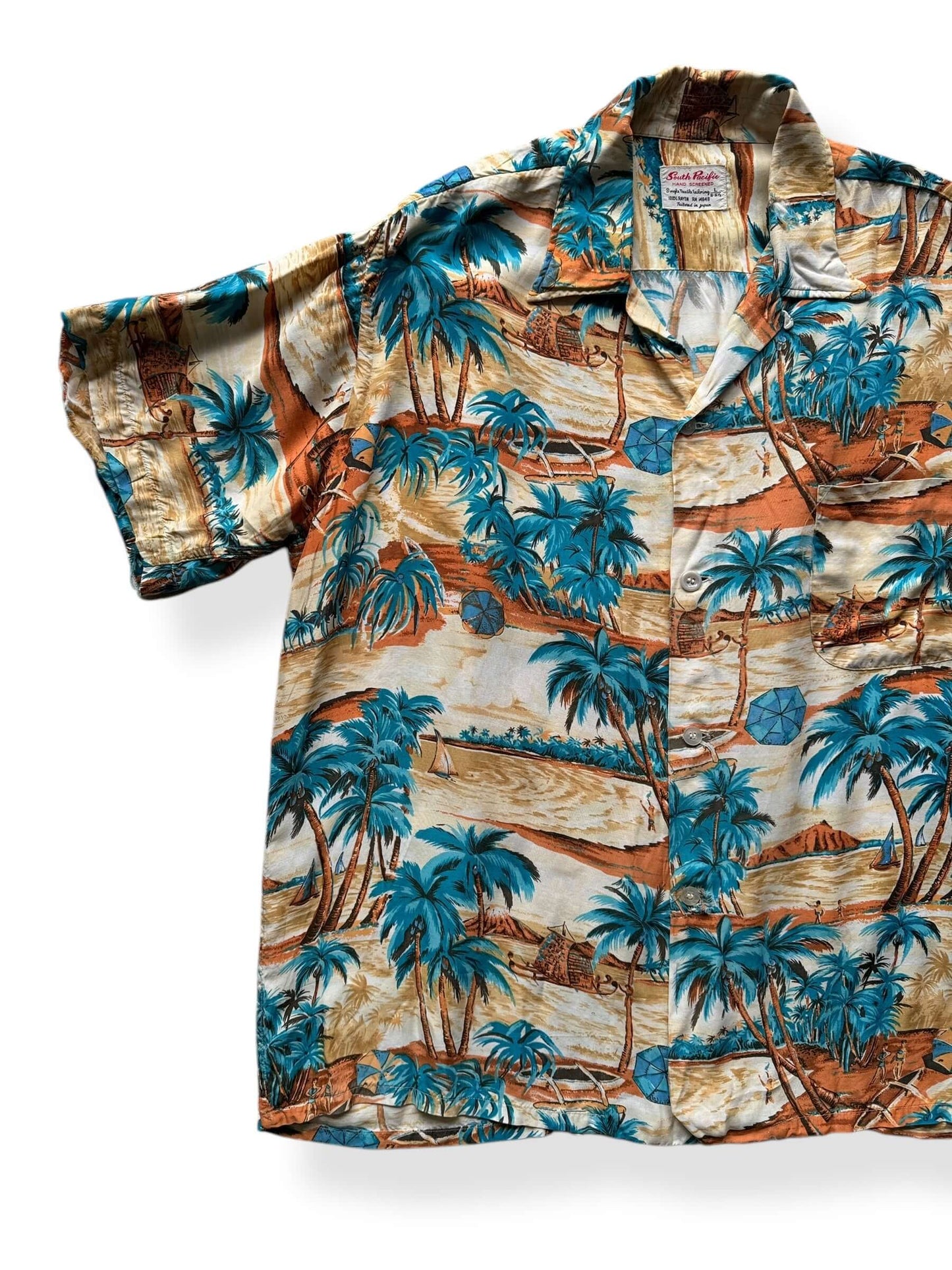 Front Right of Vintage South Pacific Aloha Shirt SZ XL