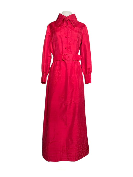 Full front view of Vintage 1960s Lord and Taylor "Tea House" Silk Maxi Dress SZ L |  Barn Owl Vintage Dresses| Seattle Vintage Dresses