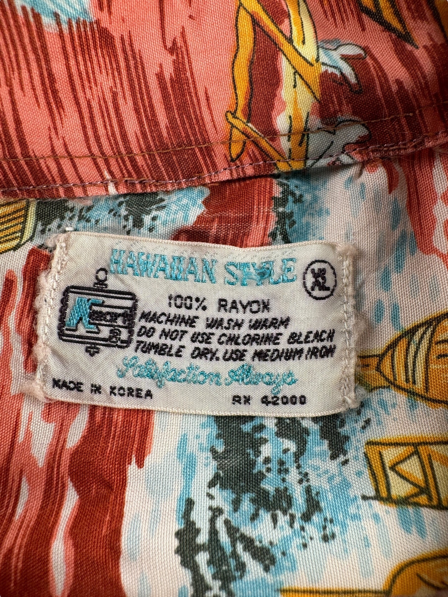 Tag on Vintage Repaired Kmart Rayon Aloha Shirt SZ XL