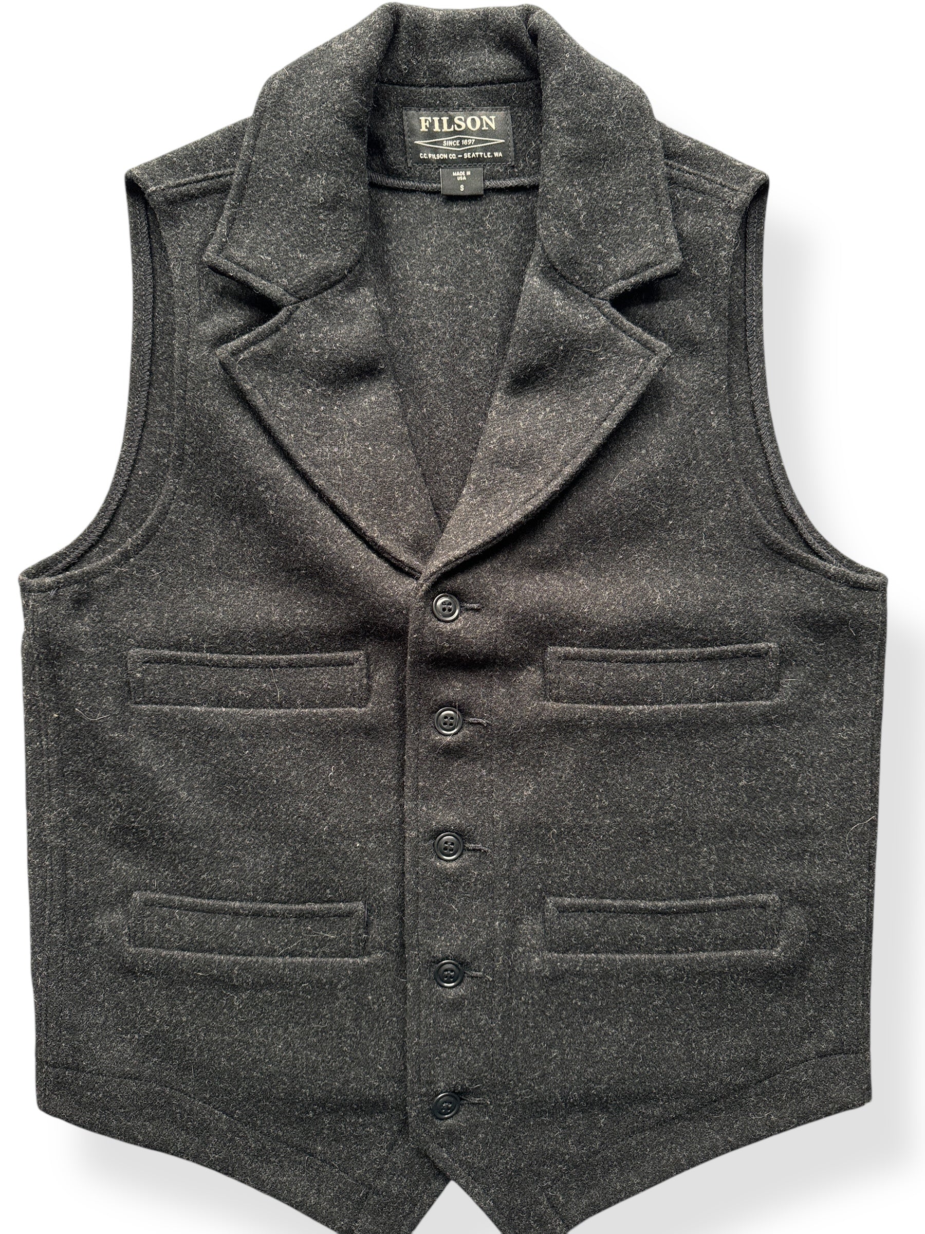 Front Close Up of Filson Mackinaw Wool Charcoal Western Vest SZ S