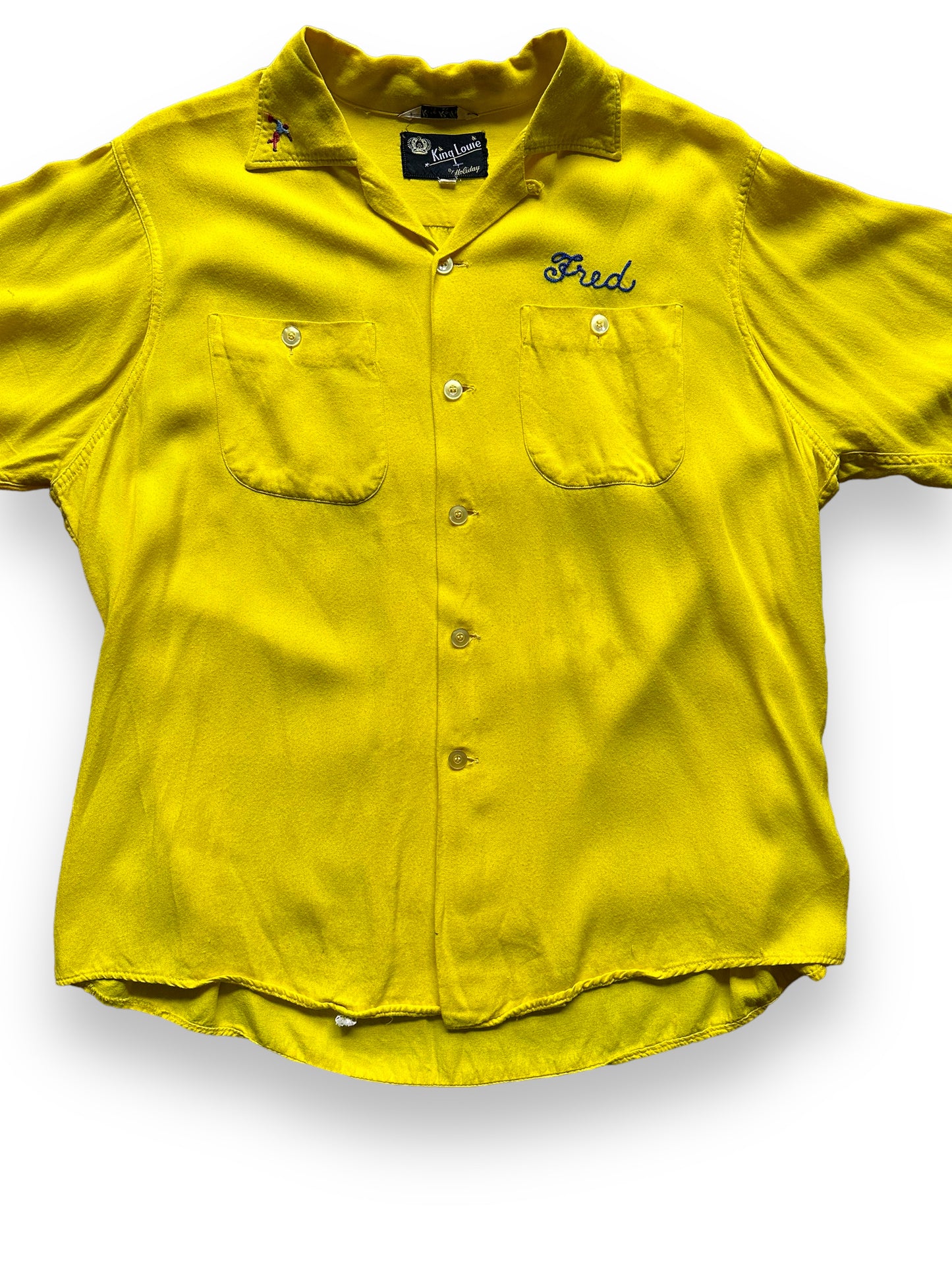 front close up of Vintage Lacey Christian Rayon Bowling Shirt SZ XL | Vintage Bowling Shirt Seattle | Barn Owl Vintage Seattle