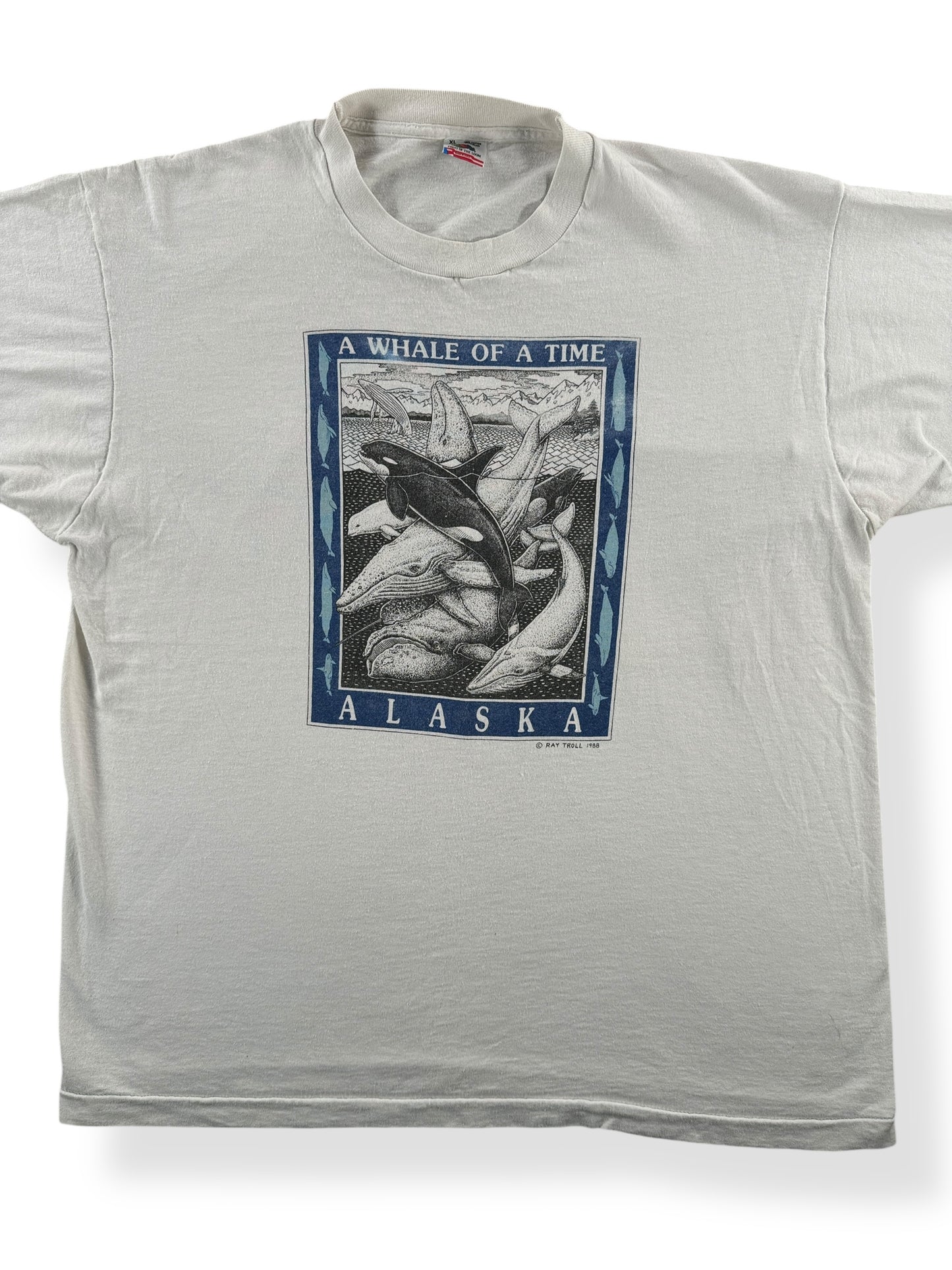 Front Close Up of Vintage 1988 Ray Troll A Whale of a Time Alaska Tee SZ XL