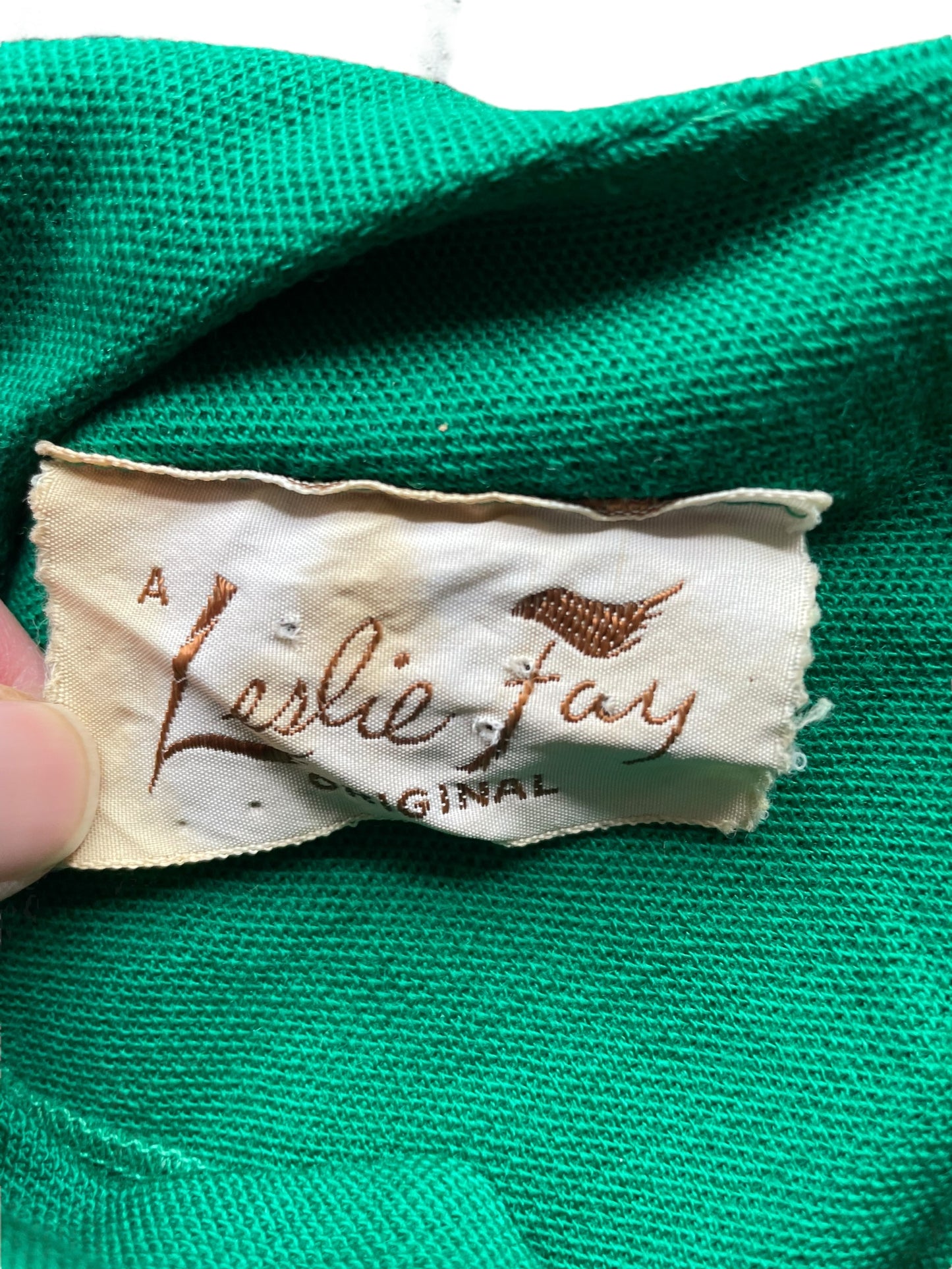 Tag view of Vintage 1950s Green Wool Wiggle Dress SZ M | Barn Owl Vintage Dresses| Seattle Vintage Ladies Clothing