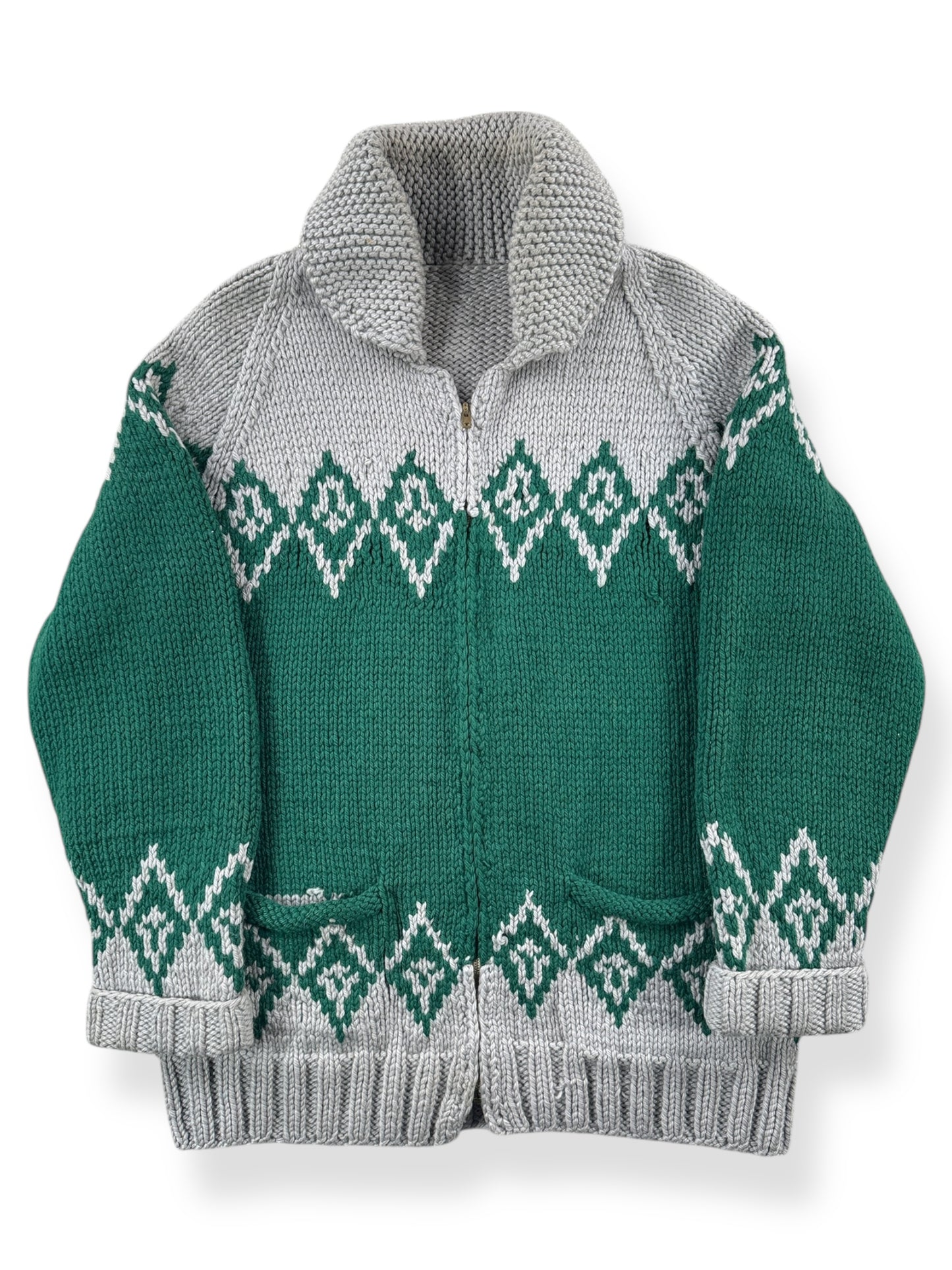 Front of Vintage Handmade Green & Tan Cowichan Style Sweater SZ M