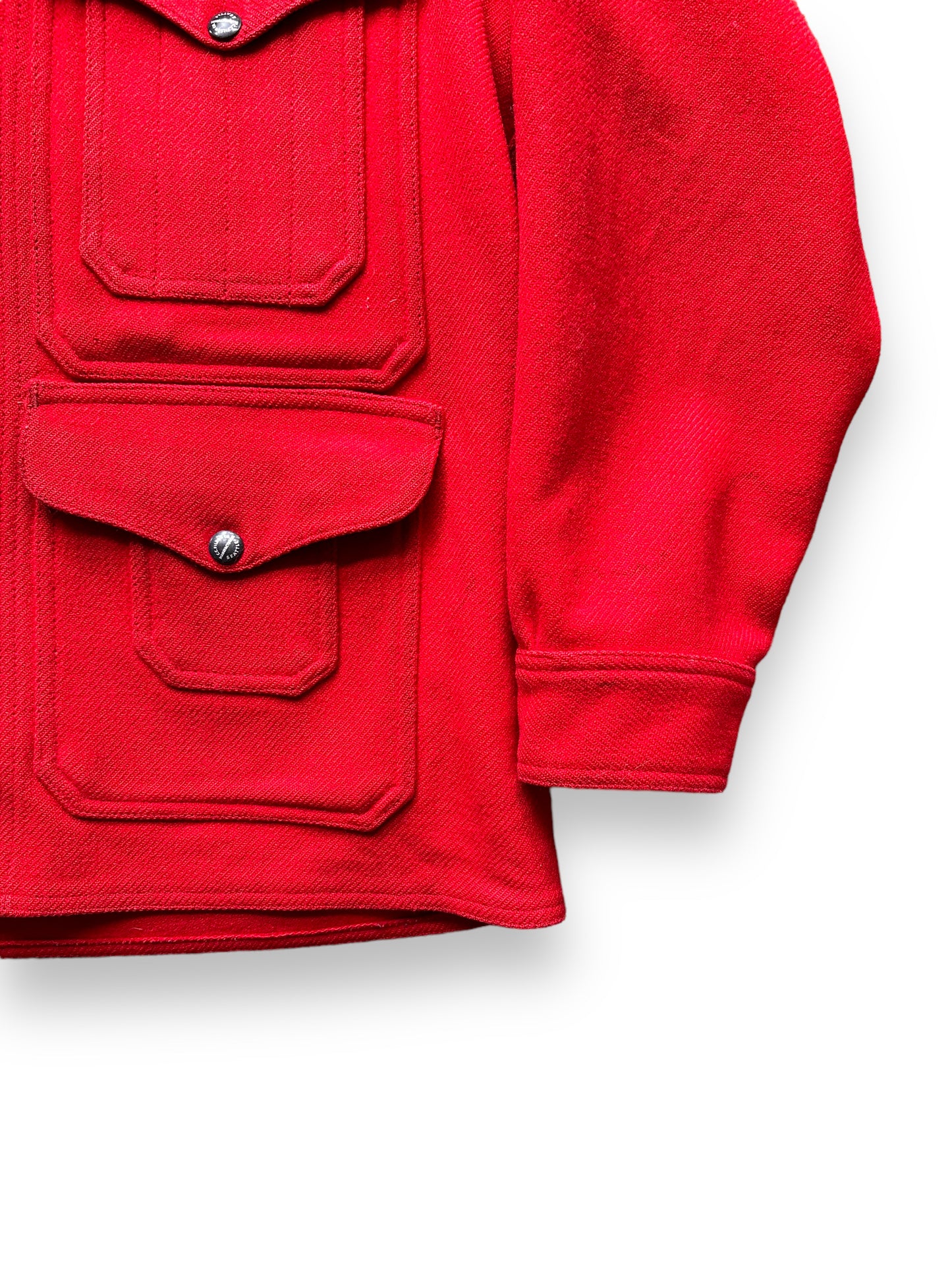 left sleeve of Vintage Union Made Era Filson Scarlet Cruiser Size 44 | Barn Owl Vintage Goods | Vintage Filson Workwear Seattle