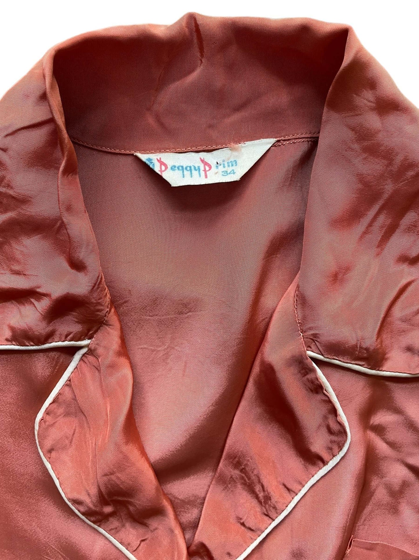 Tag view of 1940s Peggy Prim Satin PJ Top L-XL