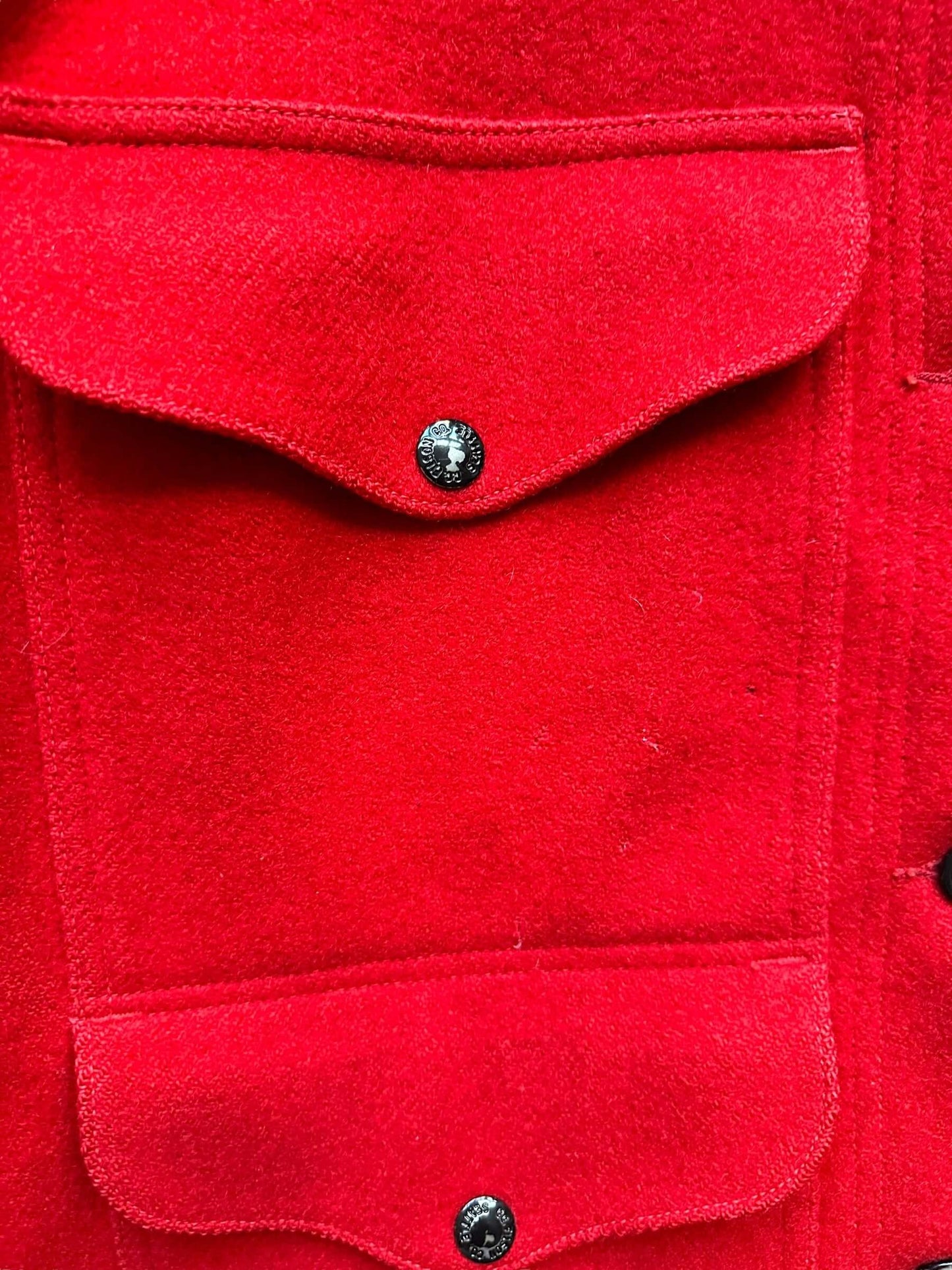 Debossed Snap View of Vintage Union Made Filson Scarlet Cruiser SZ 40 | Vintage Filson Seattle Workwear | Vintage Workwear Seattle