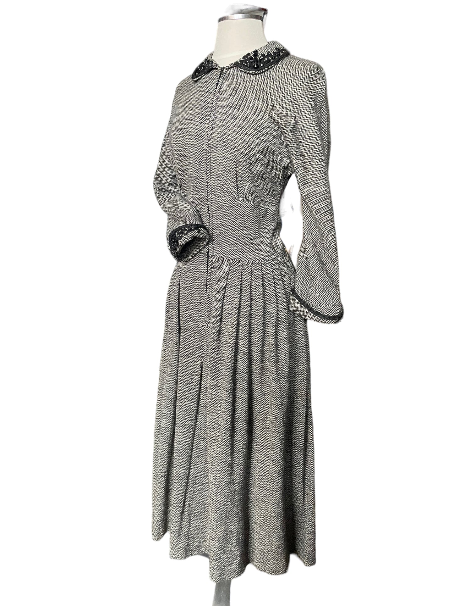 Full left side front view of Vintage 1940s Chevron Knit Dress with Beaded Collar | Barn Owl Vintage Dresses| Seattle Vintage Dresses