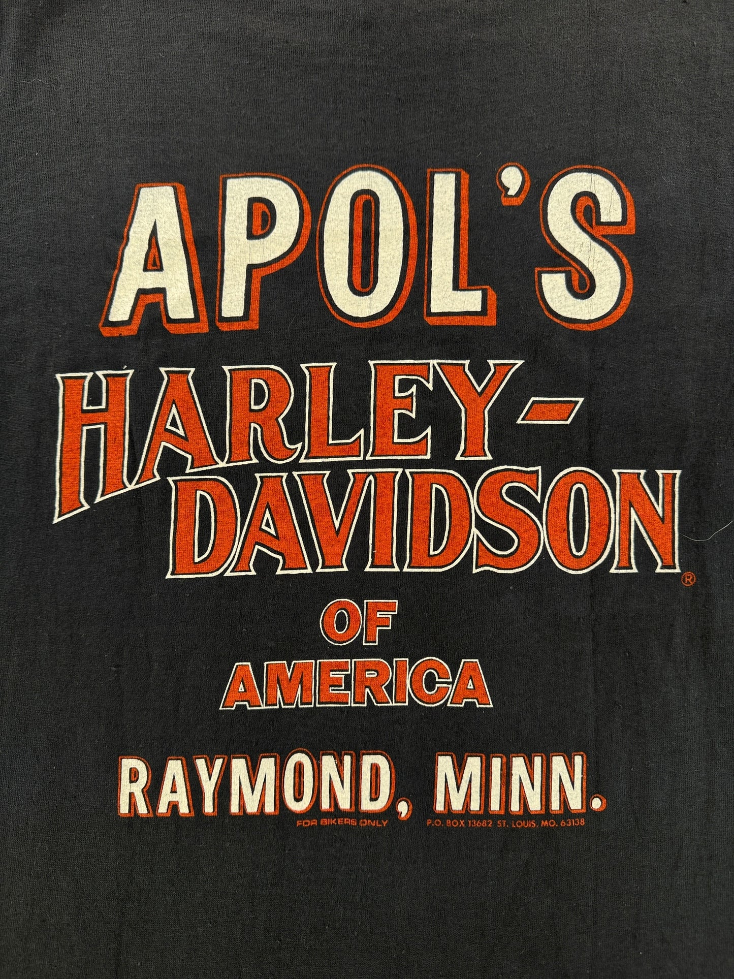 Back Graphic of Vintage Apol's Harley Davidson Raymond MN Tee SZ M (Fits S)