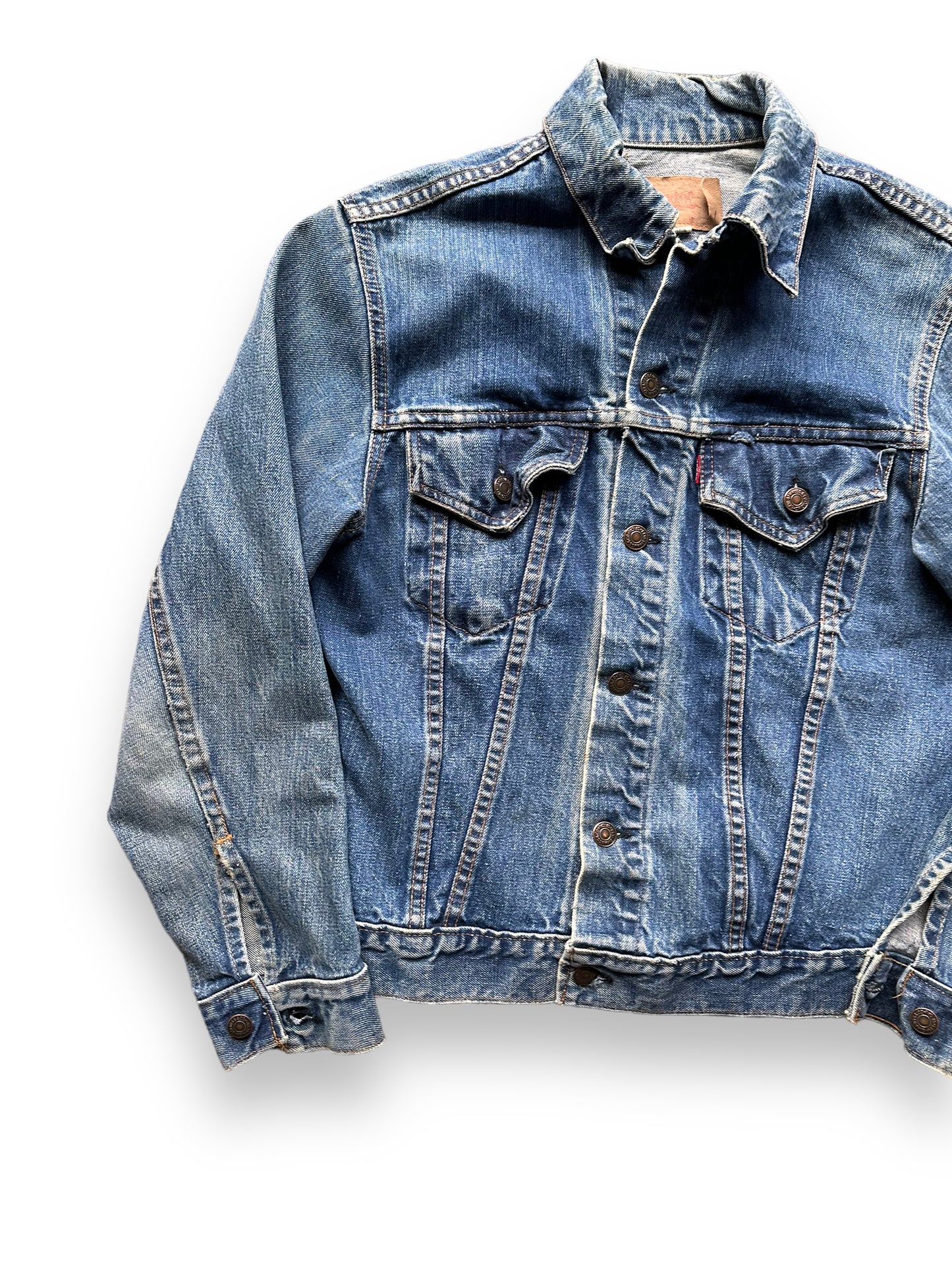 Front Right View of Vintage Levis Type 3 Denim Trucker Jacket SZ L | Vintage Levis Jacket Seattle | Seattle Vintage Denim Clothing