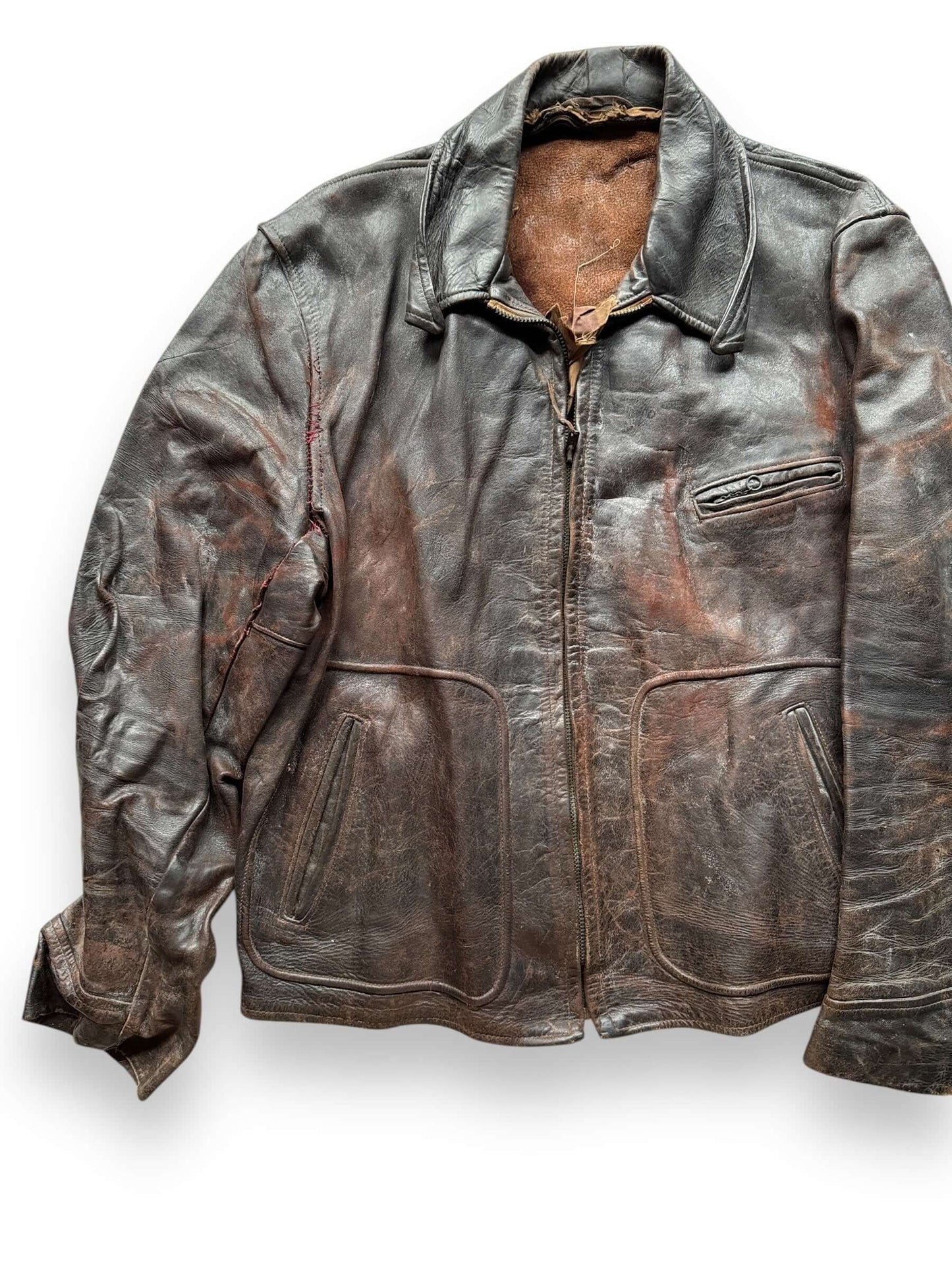 front right of Vintage Thrashed Sportclad Genuine Horsehide Leather Jacket SZ L