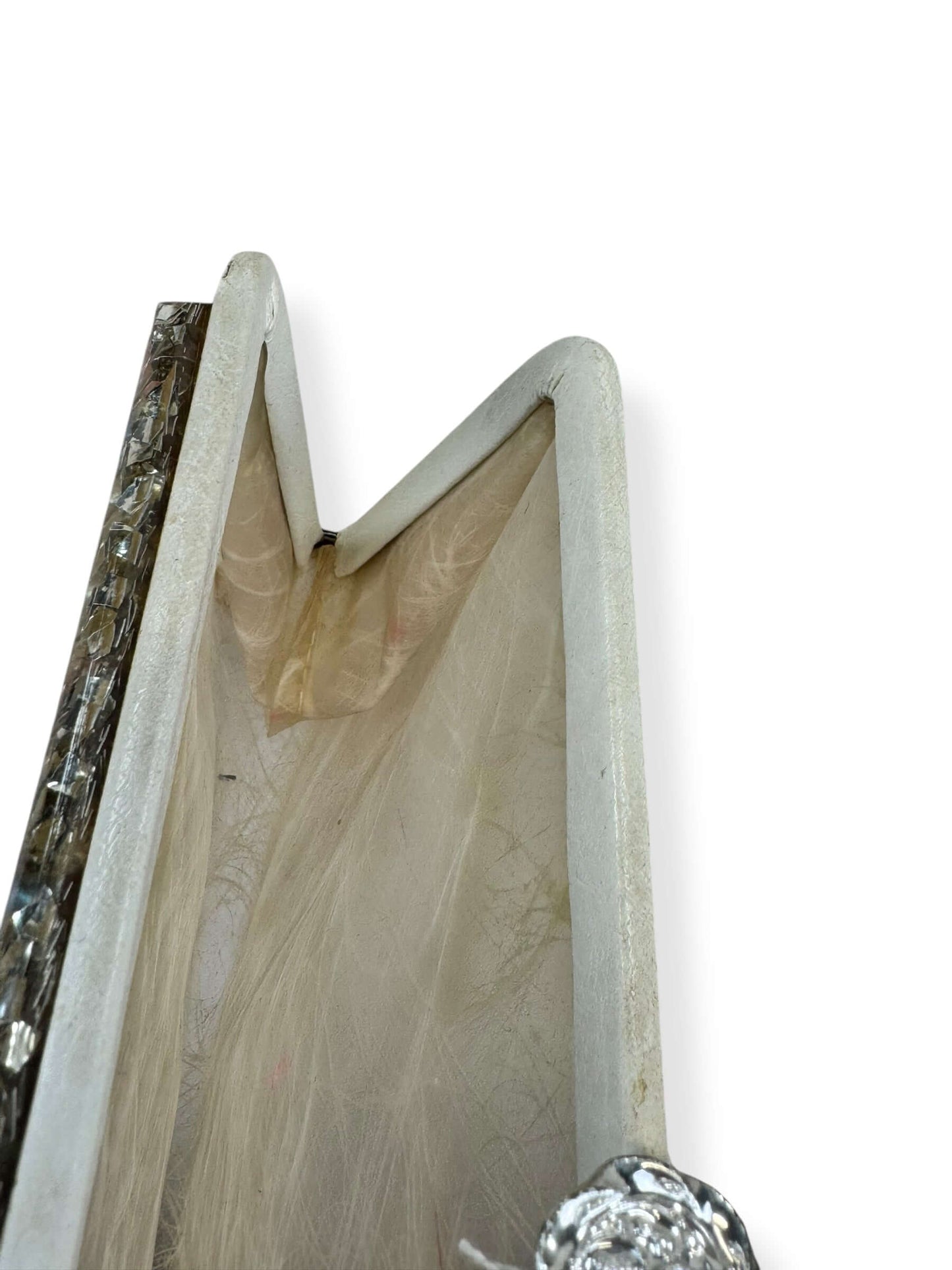 Inside of 1960s Vinyl Swirl Clutch w/ Lucite Shell Closure