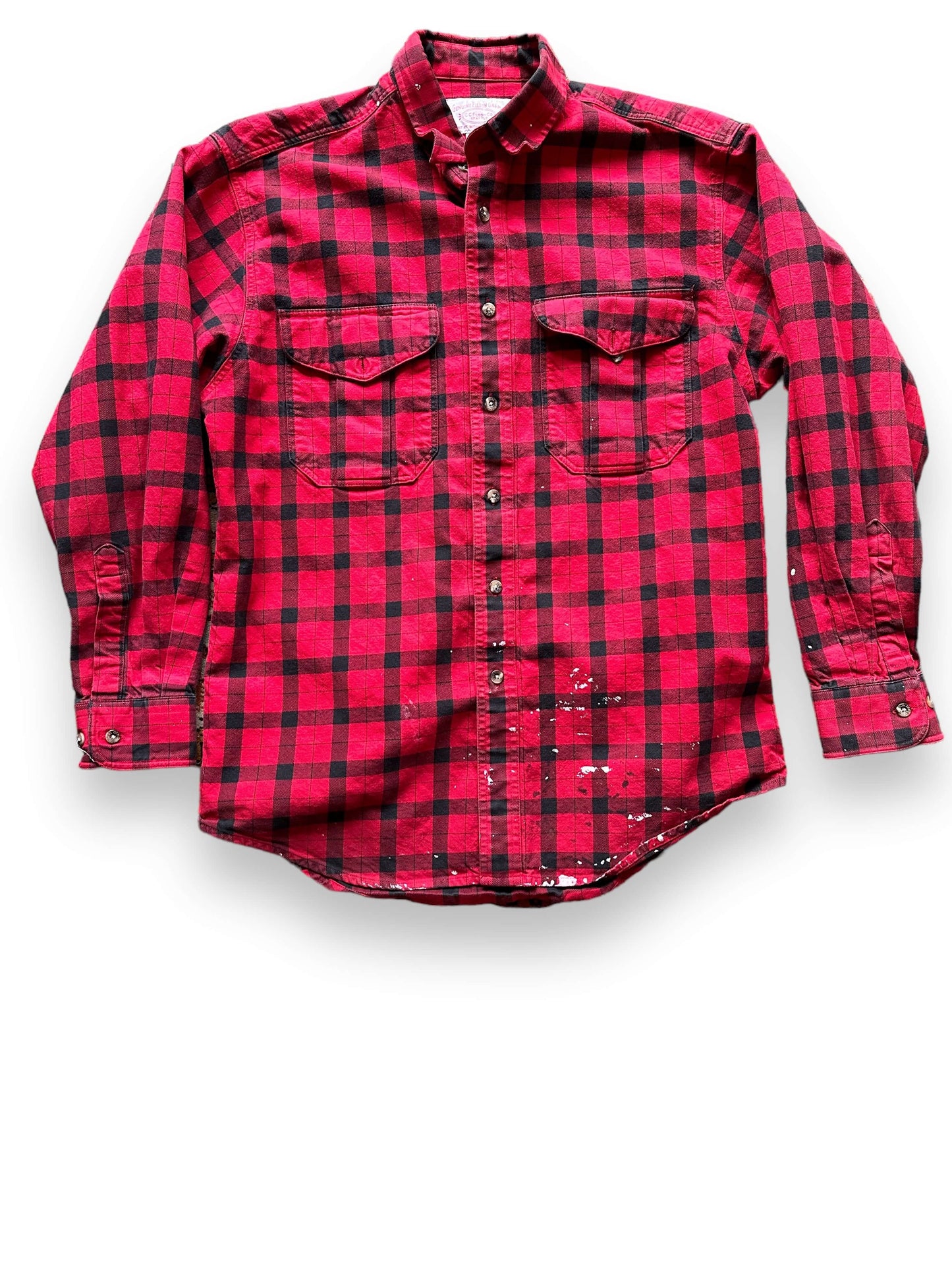 Front View of Paint Splattered Filson Black and Red Guide Shirt SZ M | Barn Owl Vintage Goods | Vintage Filson Workwear Seattle