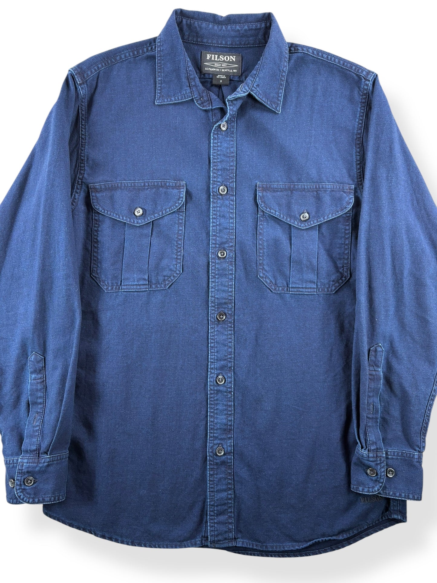 Front Close Up of Modern Filson Indigo Button Up SZ S