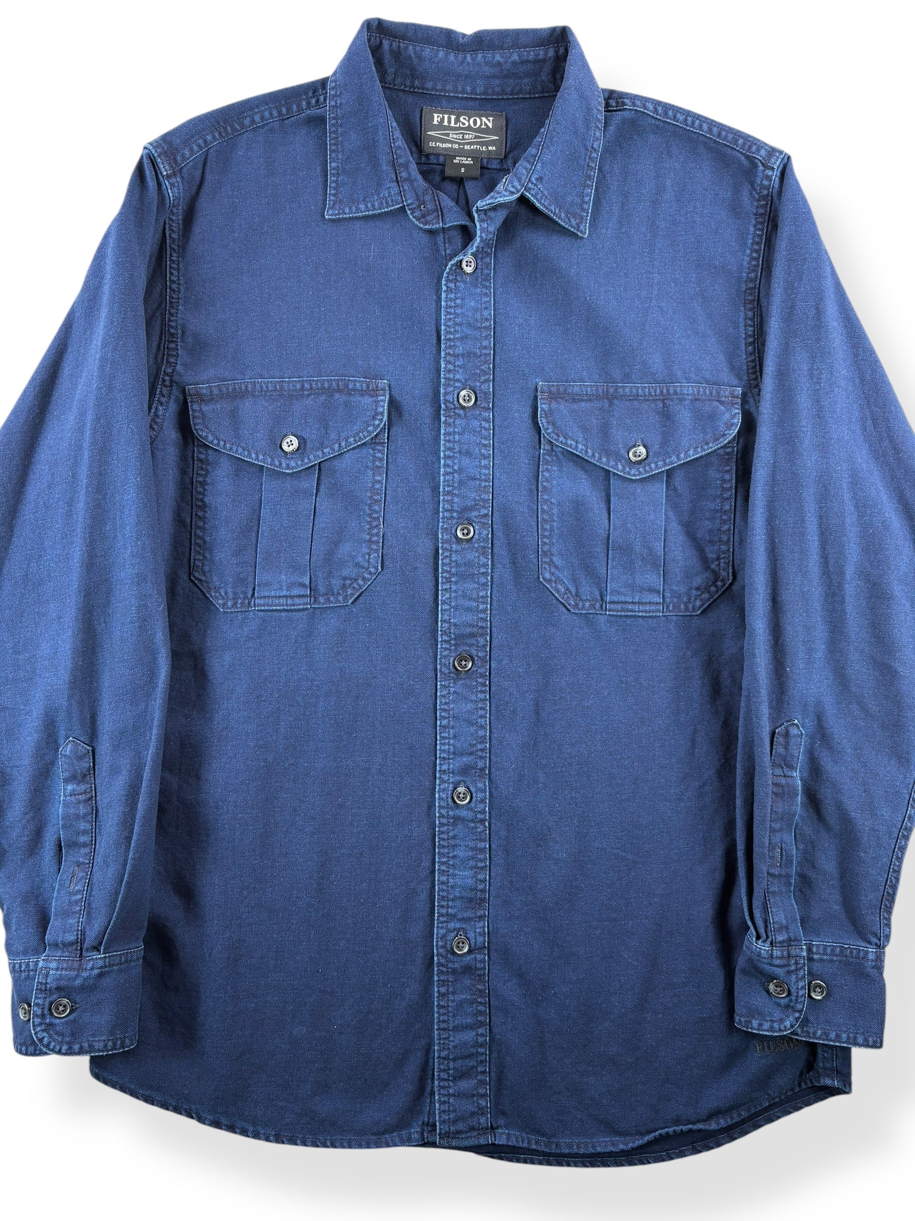 Front Close Up of Modern Filson Indigo Button Up SZ S