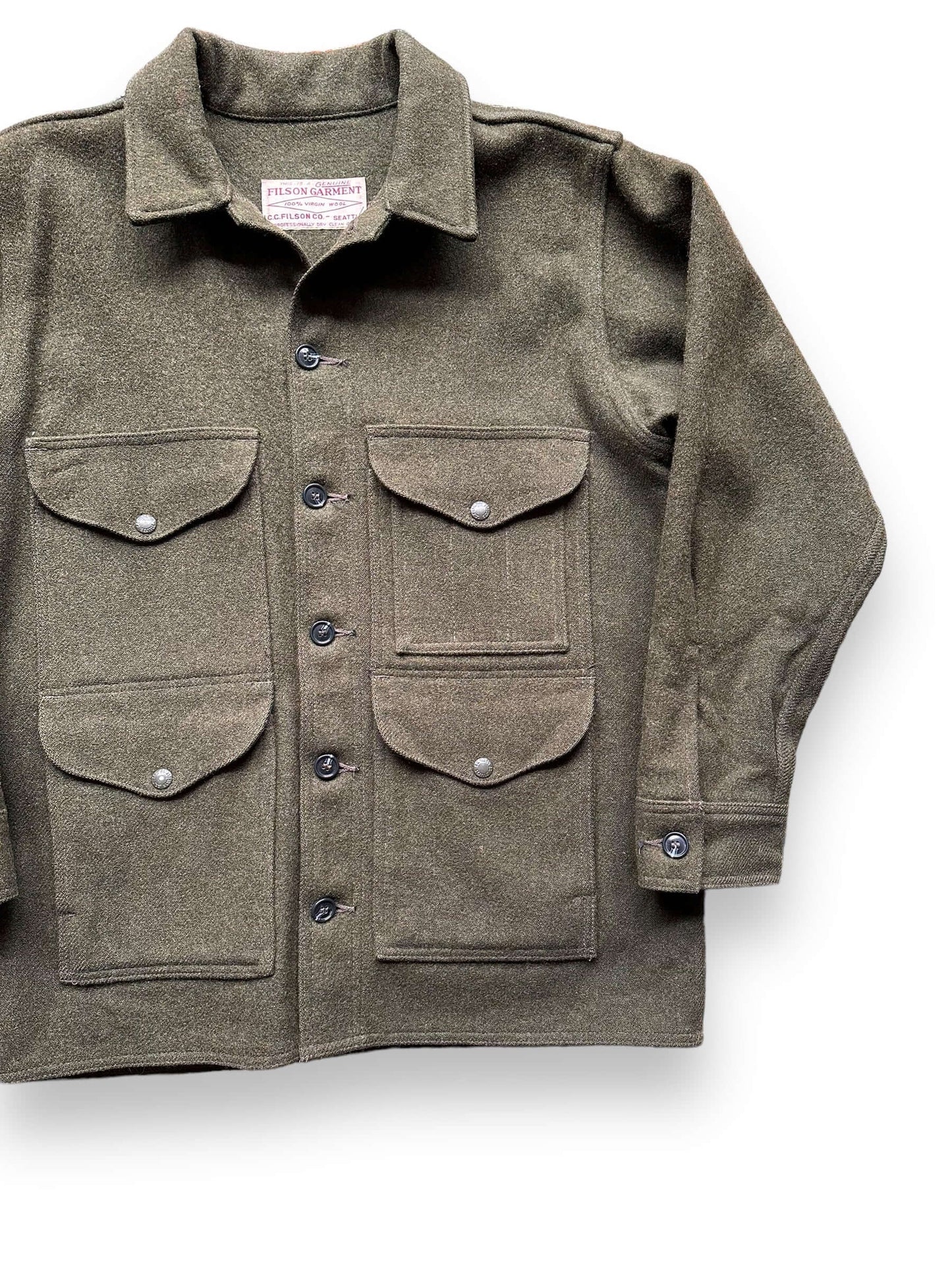 Front Left View of Filson Forest Green Mackinaw Cruiser SZ 42 | Vintage Filson Workwear Seattle