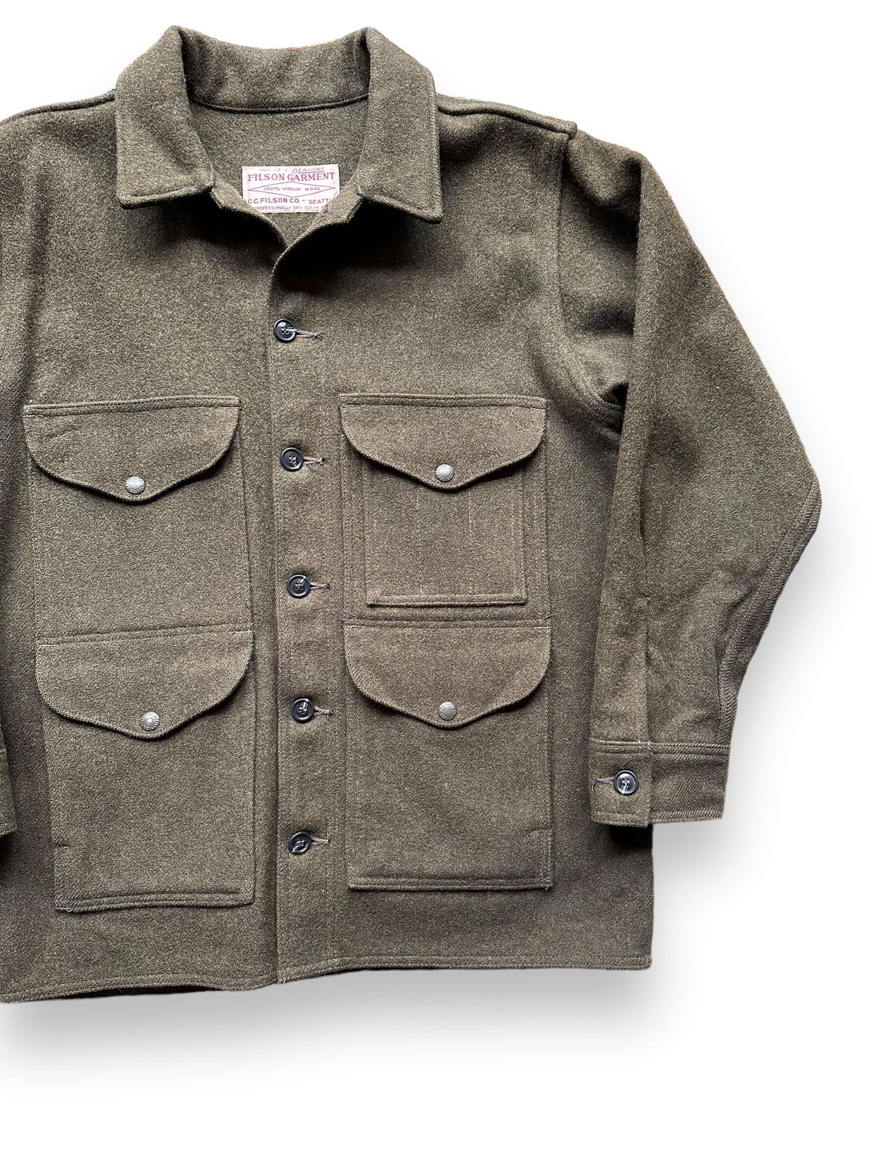 Front Left View of Filson Forest Green Mackinaw Cruiser SZ 42 |  Vintage Filson Workwear Seattle