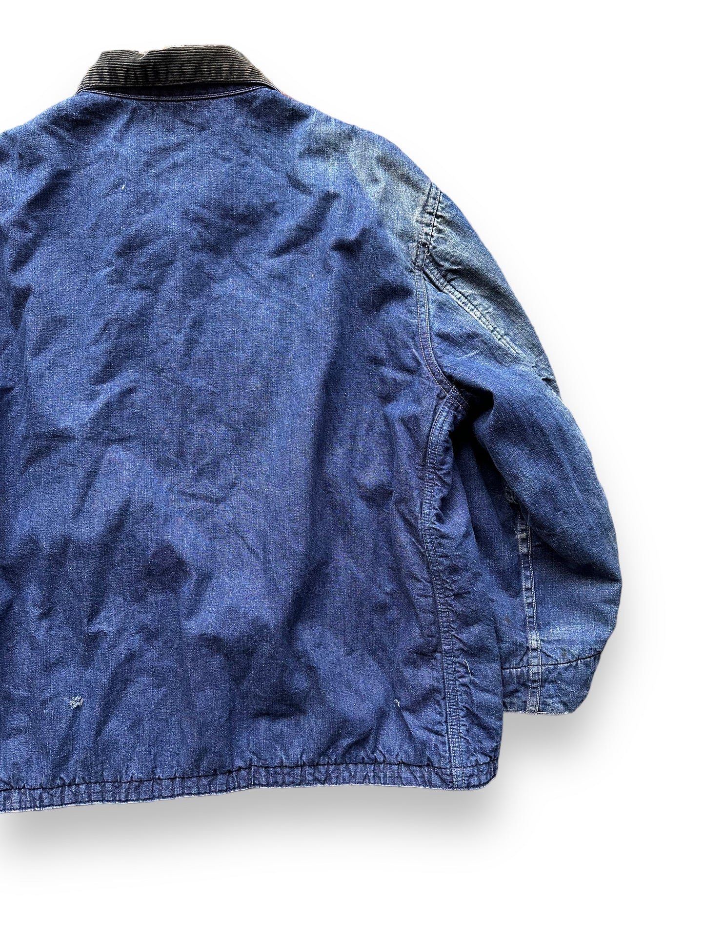 Sun Faded Right Rear Shoulder on Vintage Blue Bell Blanket Lined Denim Chore Coat SZ 46 | Seattle Vintage Workwear | Barn Owl Vintage Seattle