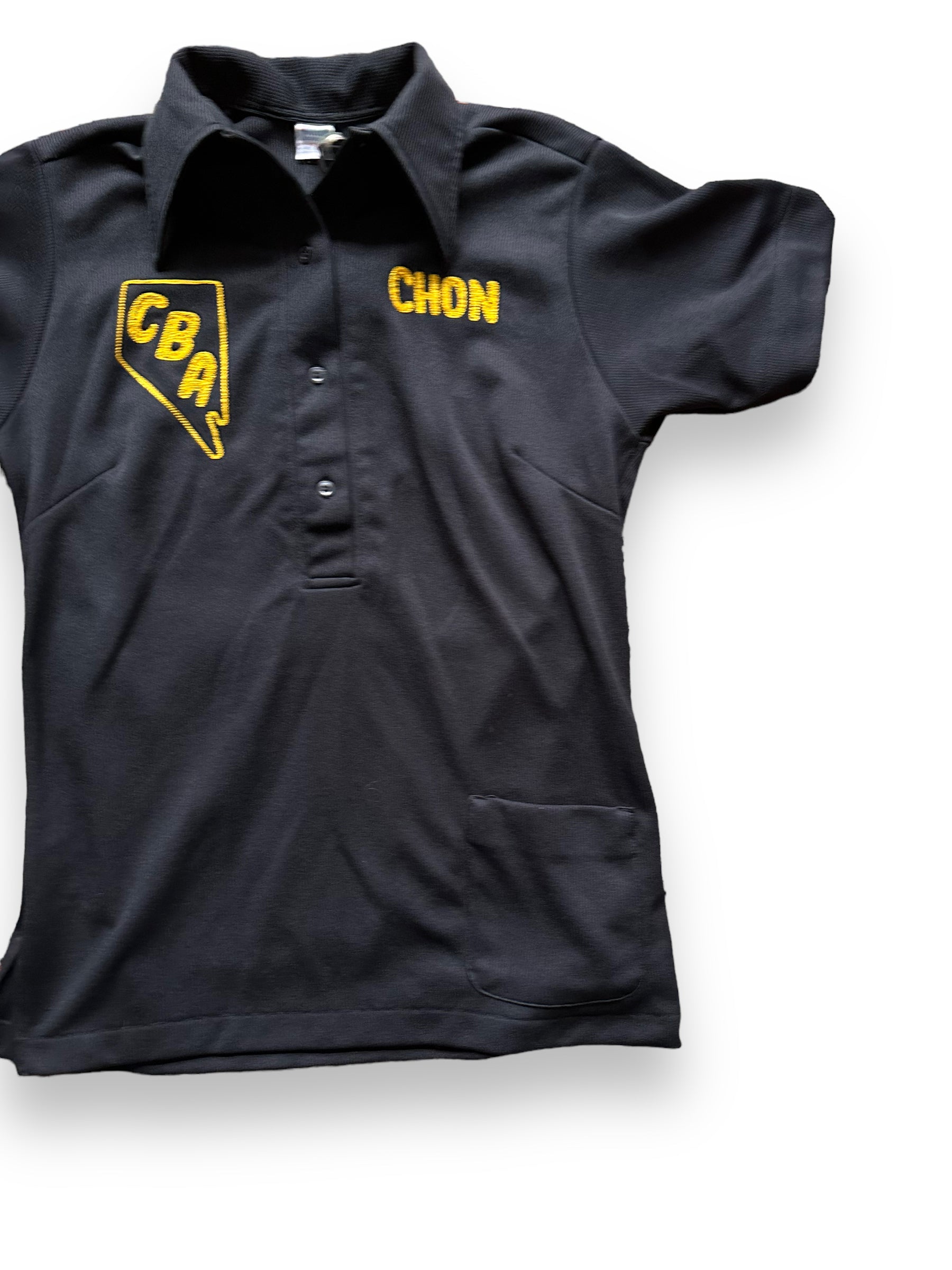 front left of Vintage Chon Madderra Polyester Bowling Shirt SZ 36 | Vintage Bowling Shirt Seattle | Barn Owl Vintage Seattle
