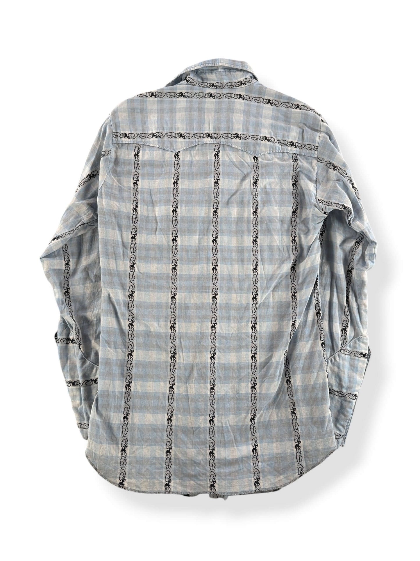 Back of Vintage Light Blue Levis Dan River Pearl Snap SZ XS