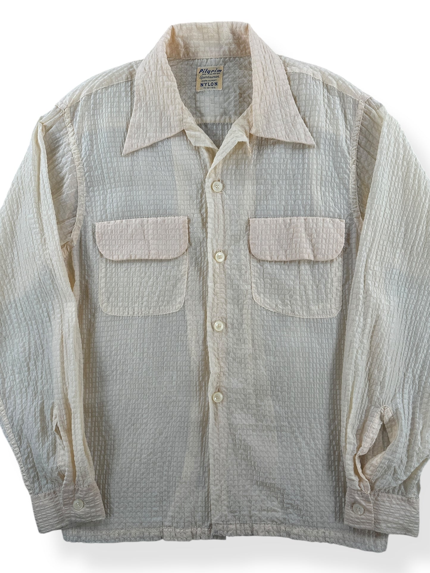Front Close Up of Vintage Pilgrim Crepe Nylon Loop Collar Shirt SZ M