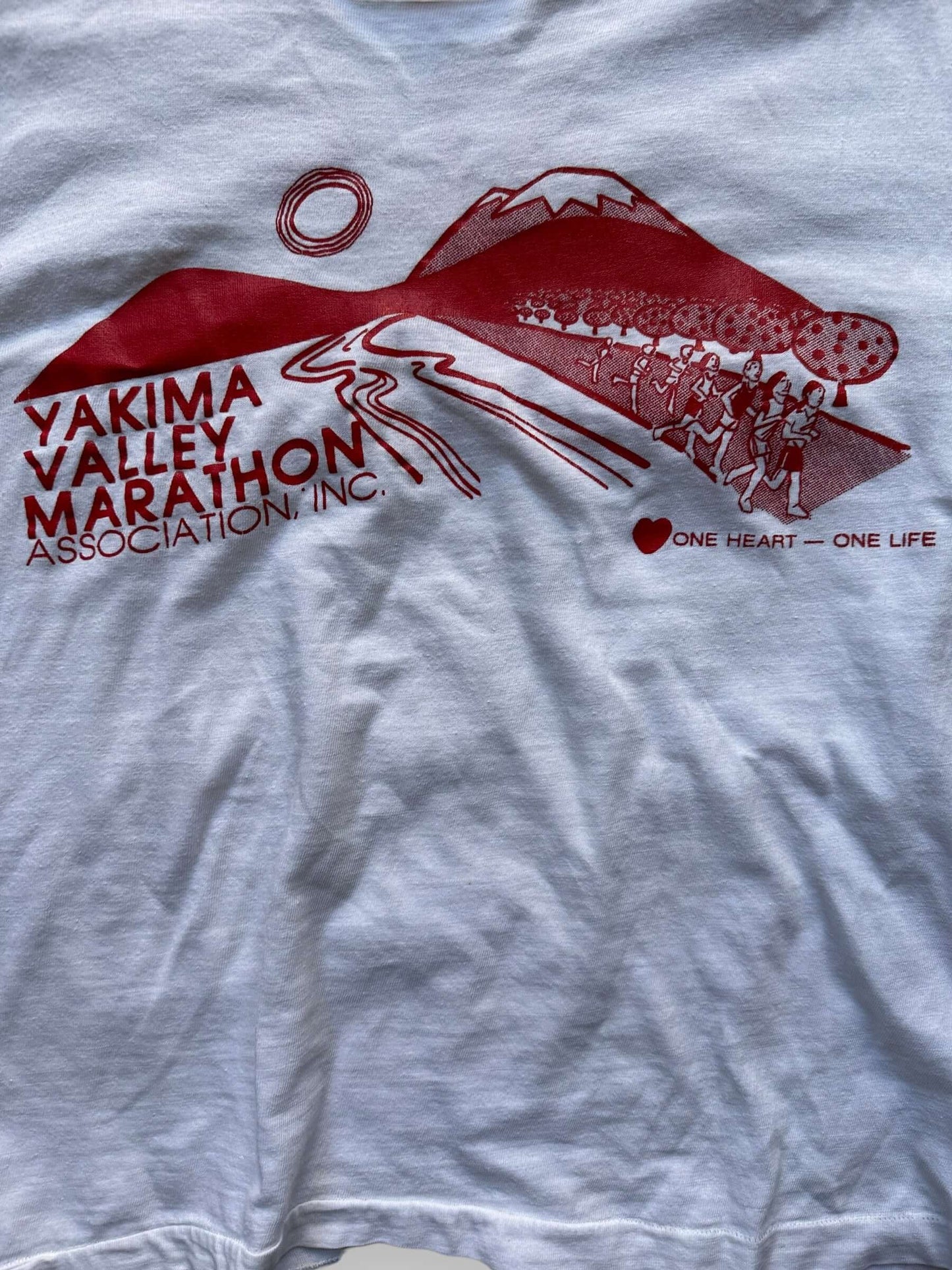 Graphic Close Up on Front of Vintage Yakima Valley Half Marathon Champion Blue Bar Tee SZ M | Vintage Champion Ringer Tee Seattle | Barn Owl Vintage
