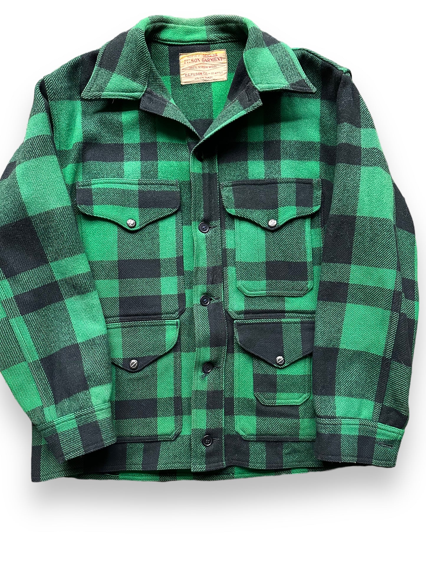 Front Detail on Vintage Union Made Filson Green & Black Mackinaw Coat SZ 44 | Vintage Filson Workwear Seattle | Vintage Clothing Seattle