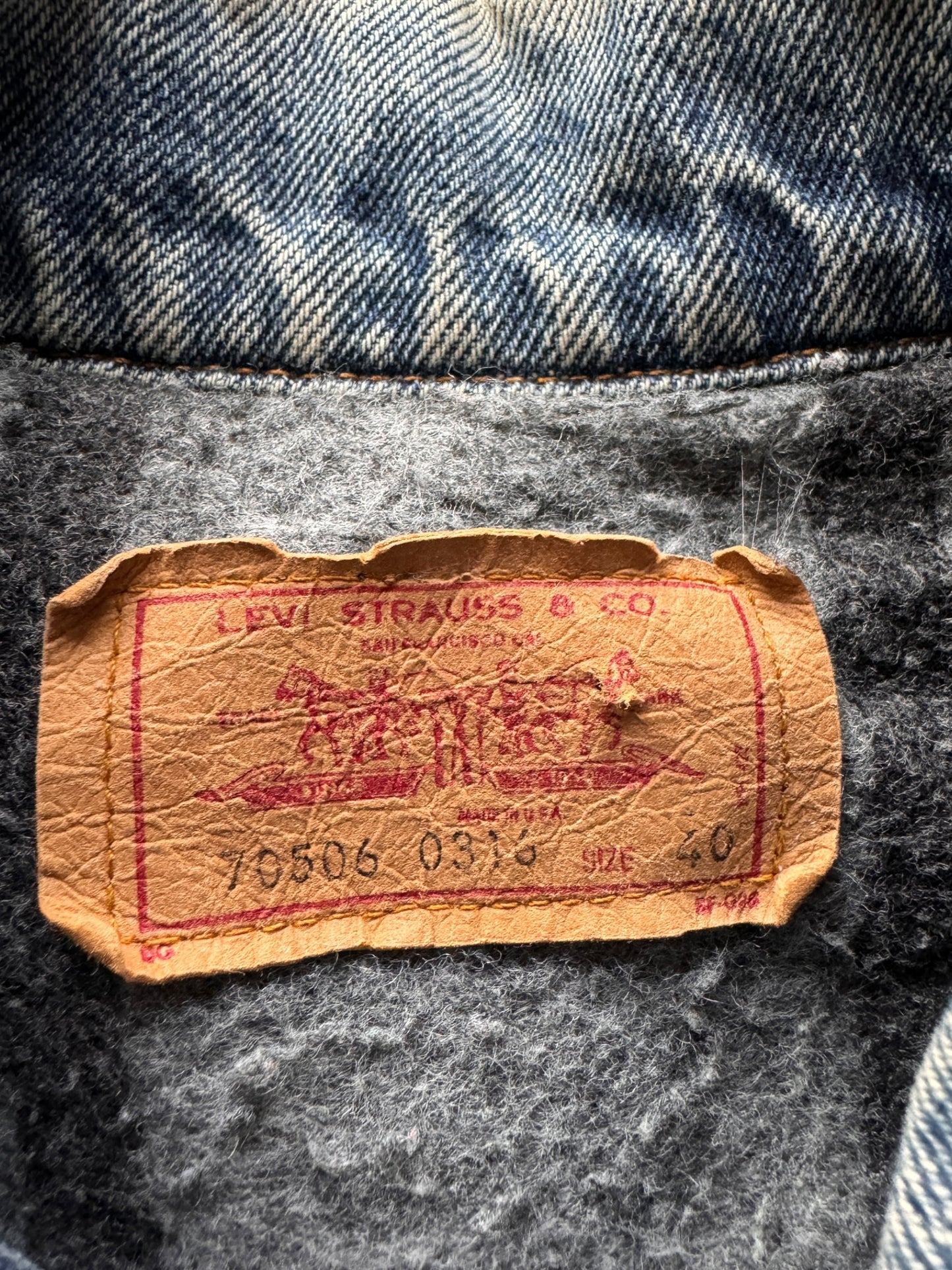 Label on Vintage Levis Blanket Lined 4-Pocket Trucker Jacket SZ L