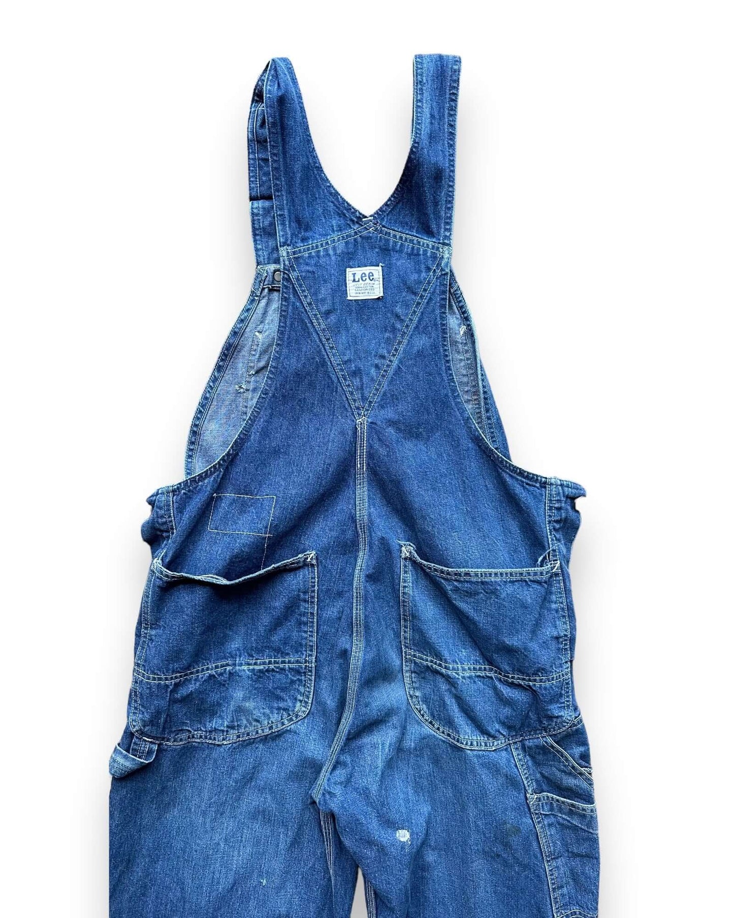 Upper Rear View of Vintage 70's Era Lee Farm Repaired Denim Overalls SZ 34 | Vintage Denim Workwear Seattle | Seattle Vintage Denim
