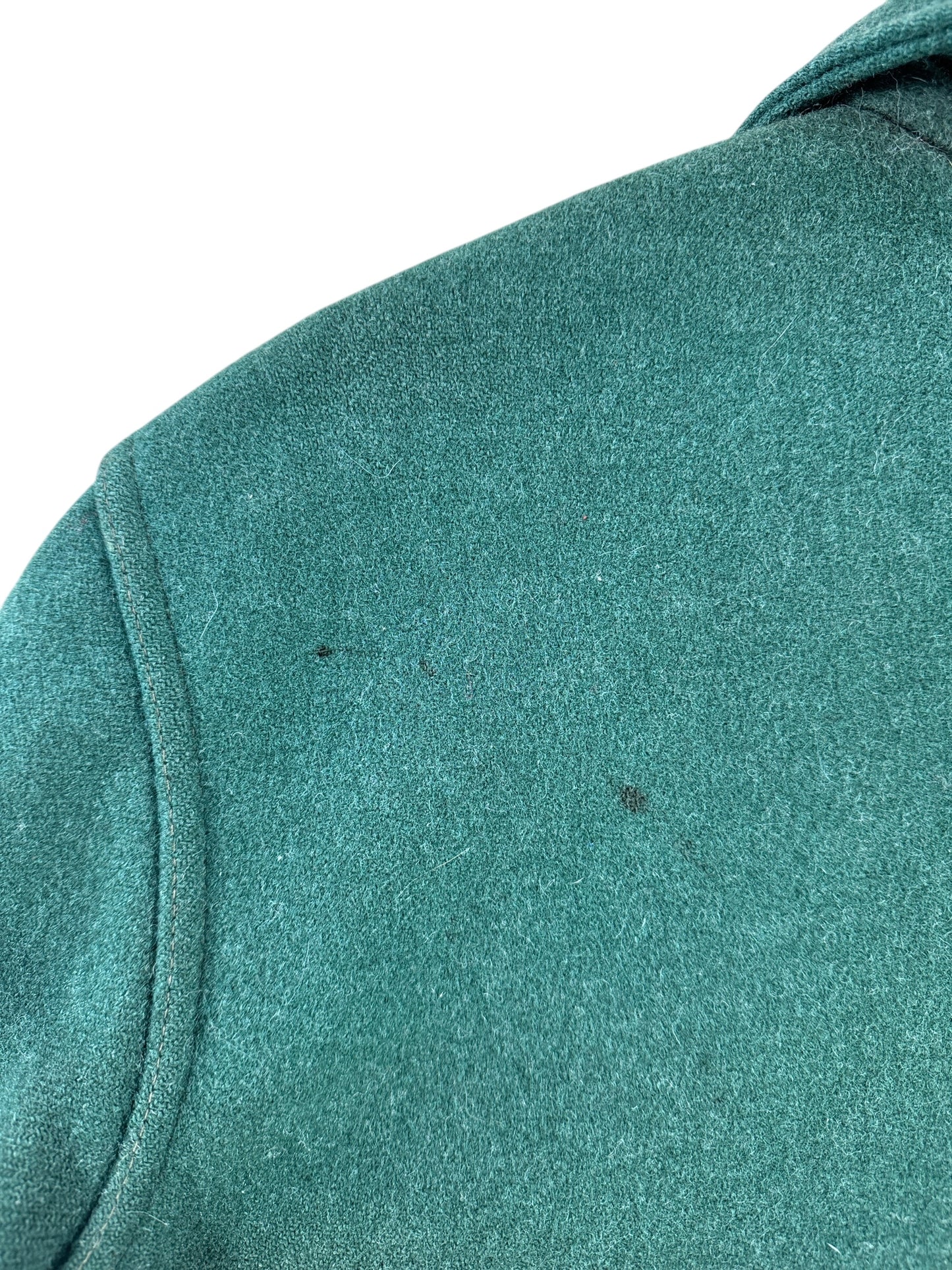 Stains on Back of Vintage Filson Forest Green Mackinaw Jacket SZ 48
