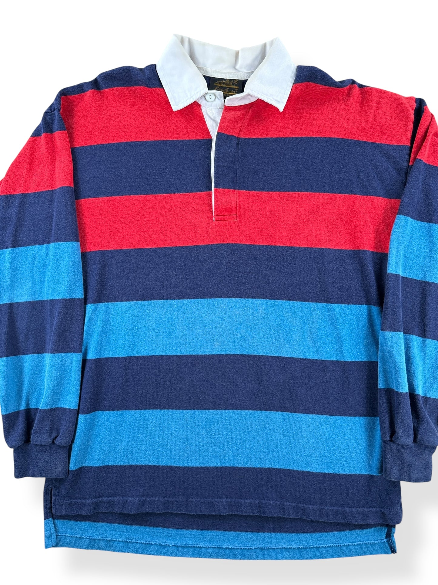 Front Close Up of Vintage 90s Eddie Bauer Striped Rugby Polo SZ XL