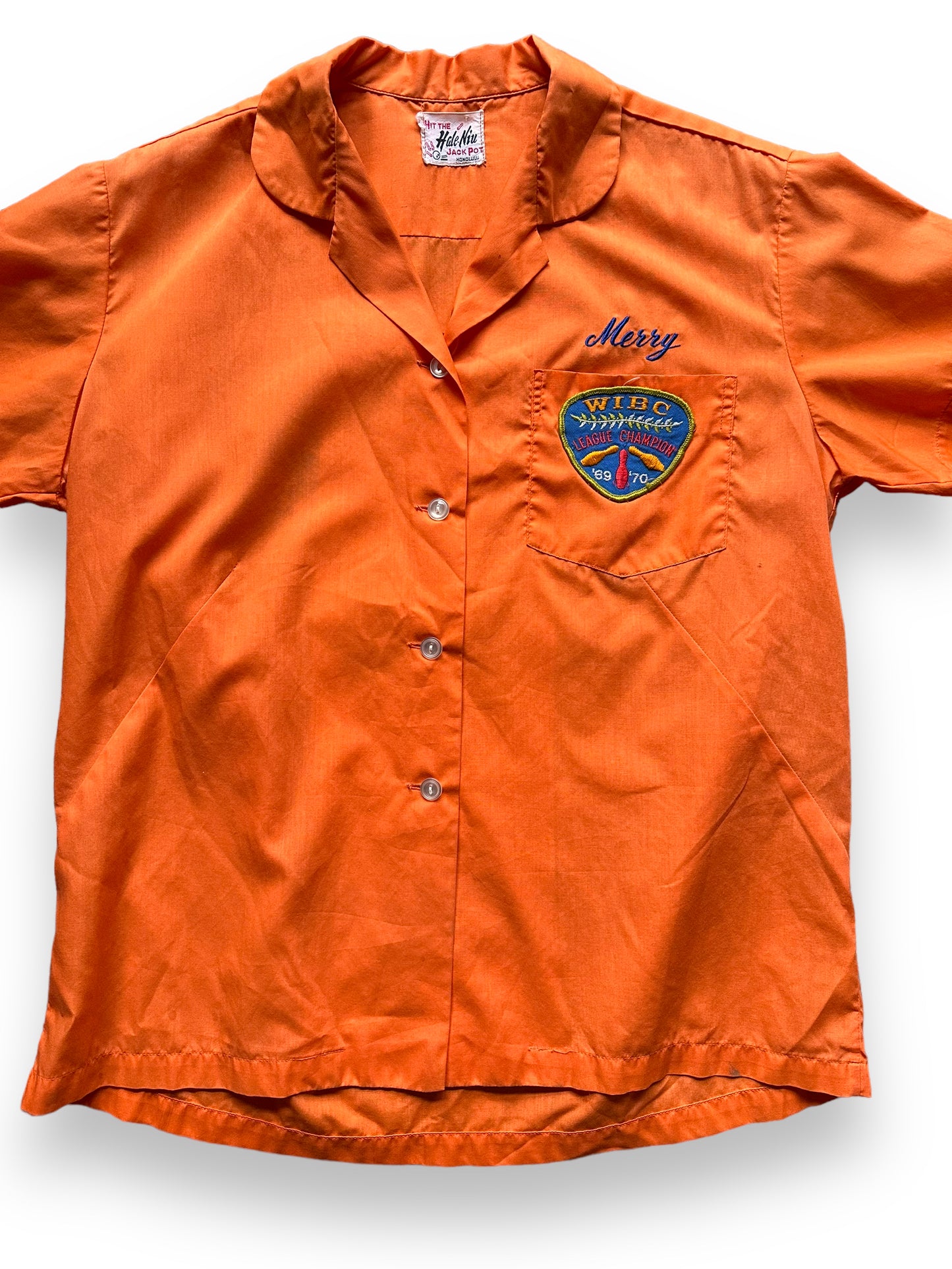front close up of Vintage South Seas Aquatics Flocked Ladies Bowling Shirt SZ L | Vintage Bowling Shirt Seattle | Barn Owl Vintage Seattle